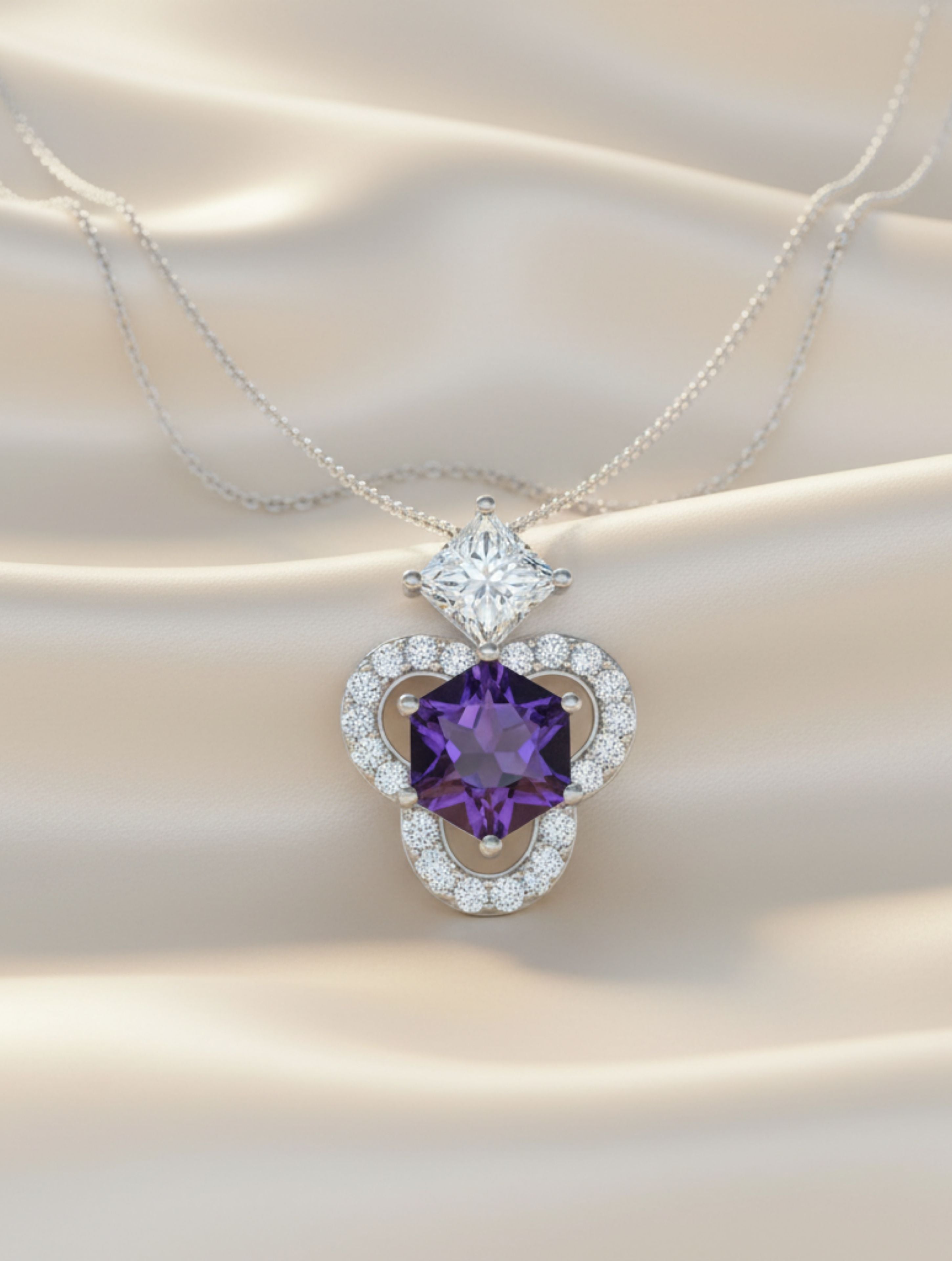Abstract Amethyst and Moissanite 925 Sterling Silver Pendant For Women