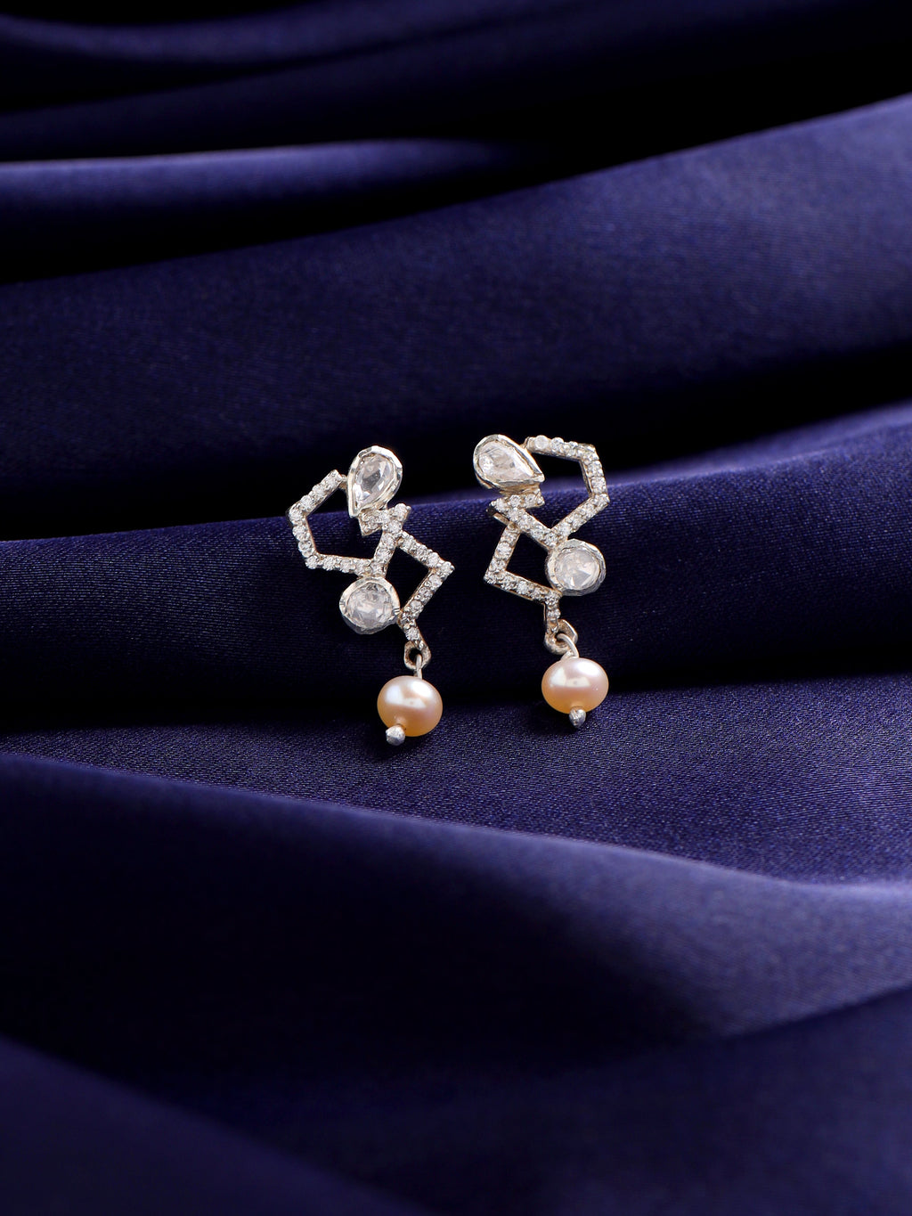 925 Sterling Silver Geometric Drop Earrings with Moissanite, Pearl, and Polki Accents