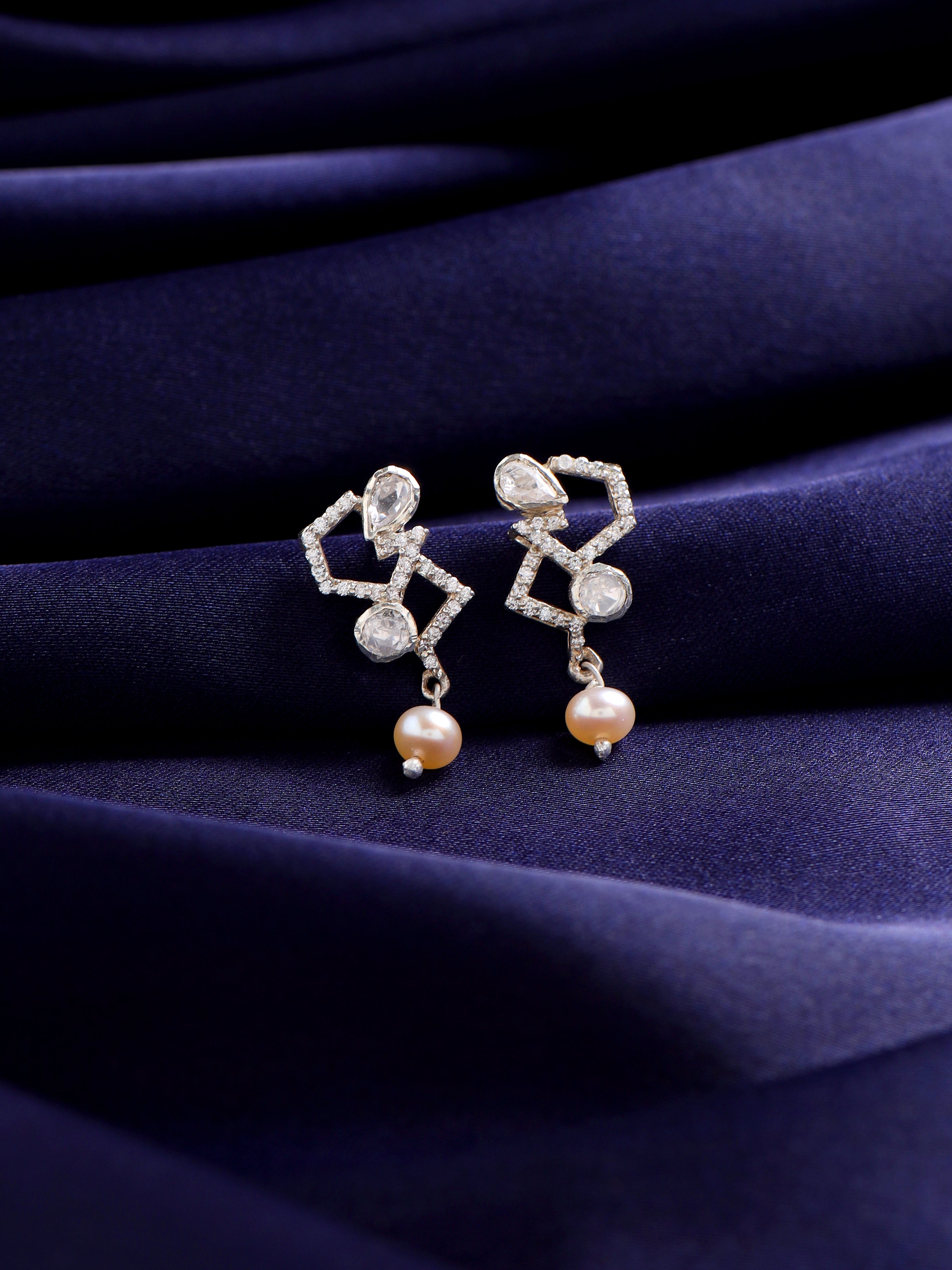 925 Sterling Silver Geometric Drop Earrings with Moissanite, Pearl, and Polki Accents