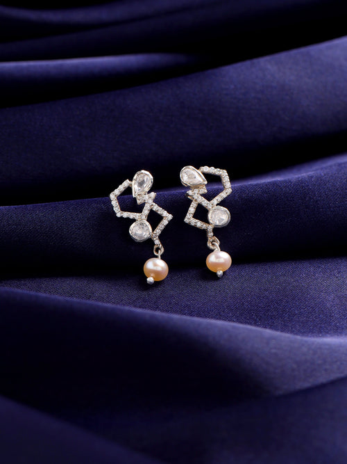 925 Sterling Silver Geometric Drop Earrings with Moissanite, Pearl, and Polki Accents