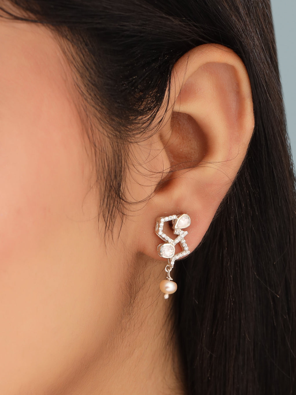 925 Sterling Silver Geometric Drop Earrings with Moissanite, Pearl, and Polki Accents