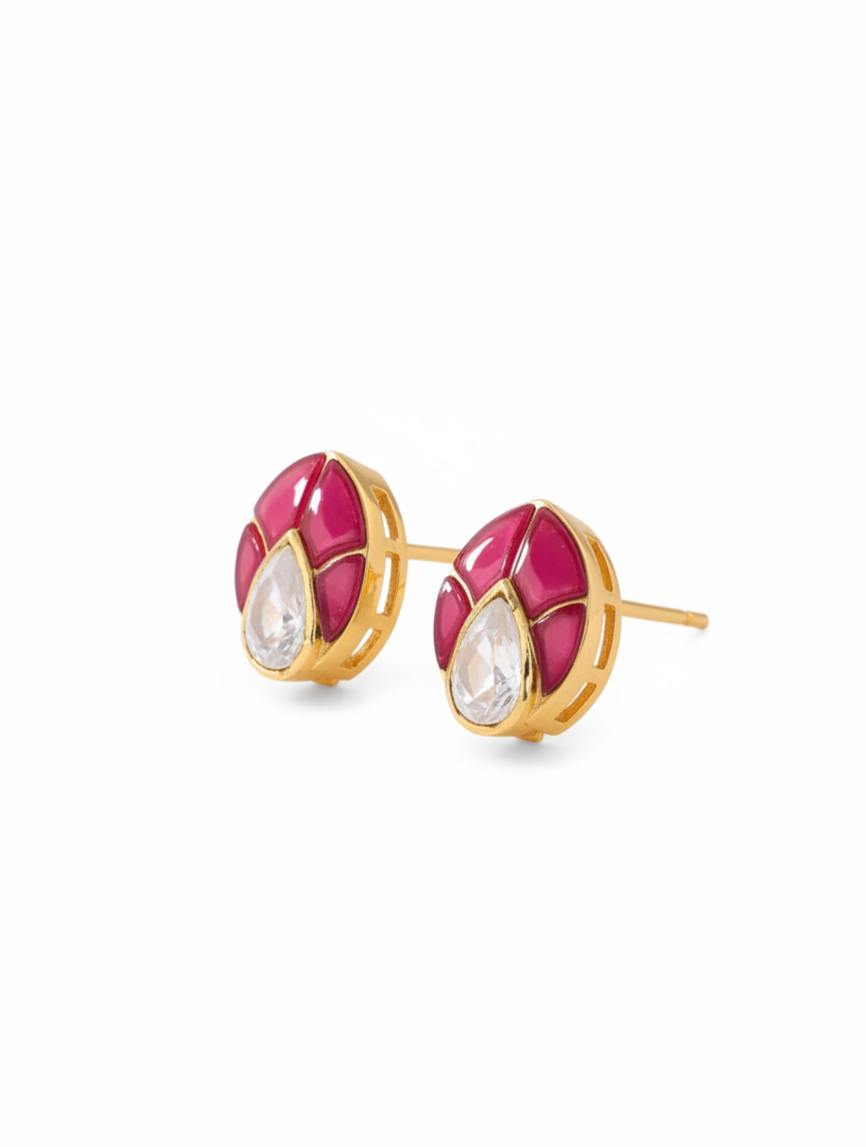 Crimson Leaf Moissanite Polki Stud Earrings in Sterling Silver