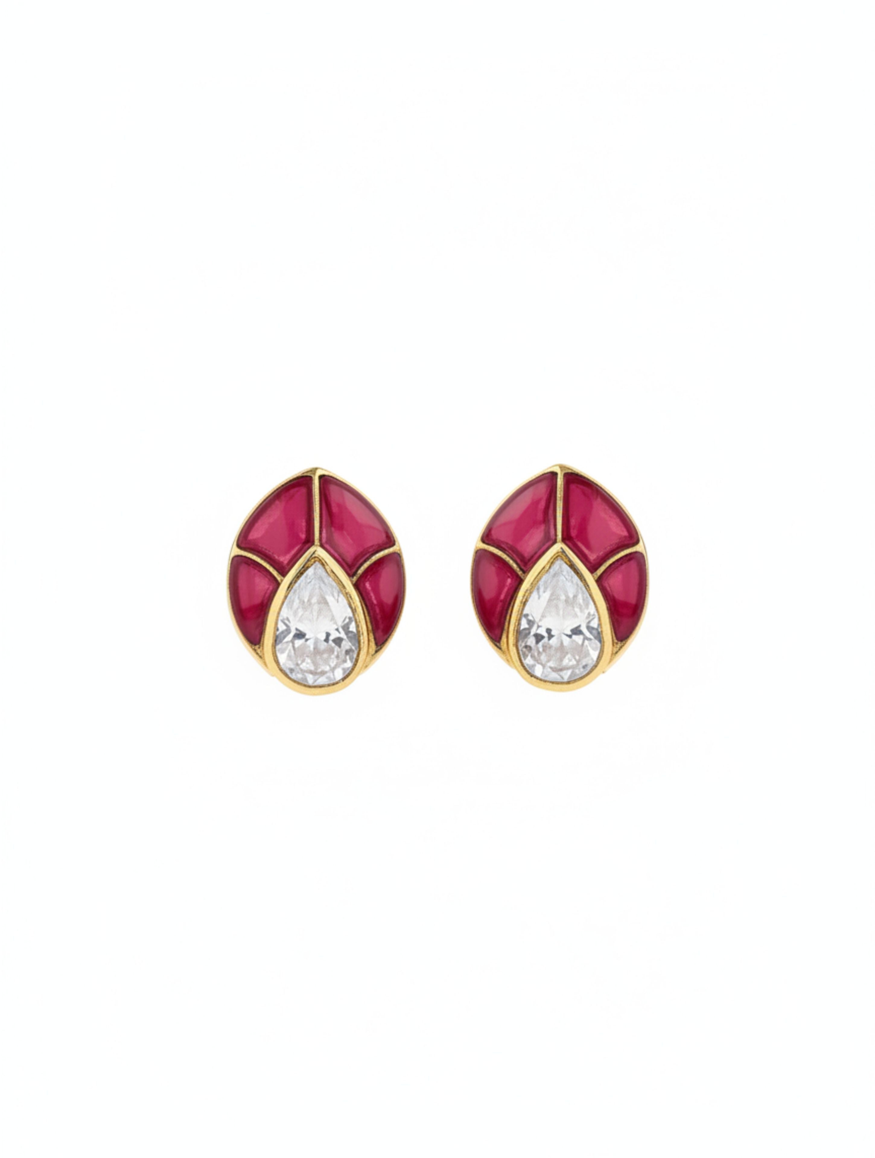 Crimson Leaf Moissanite Polki Stud Earrings in Sterling Silver