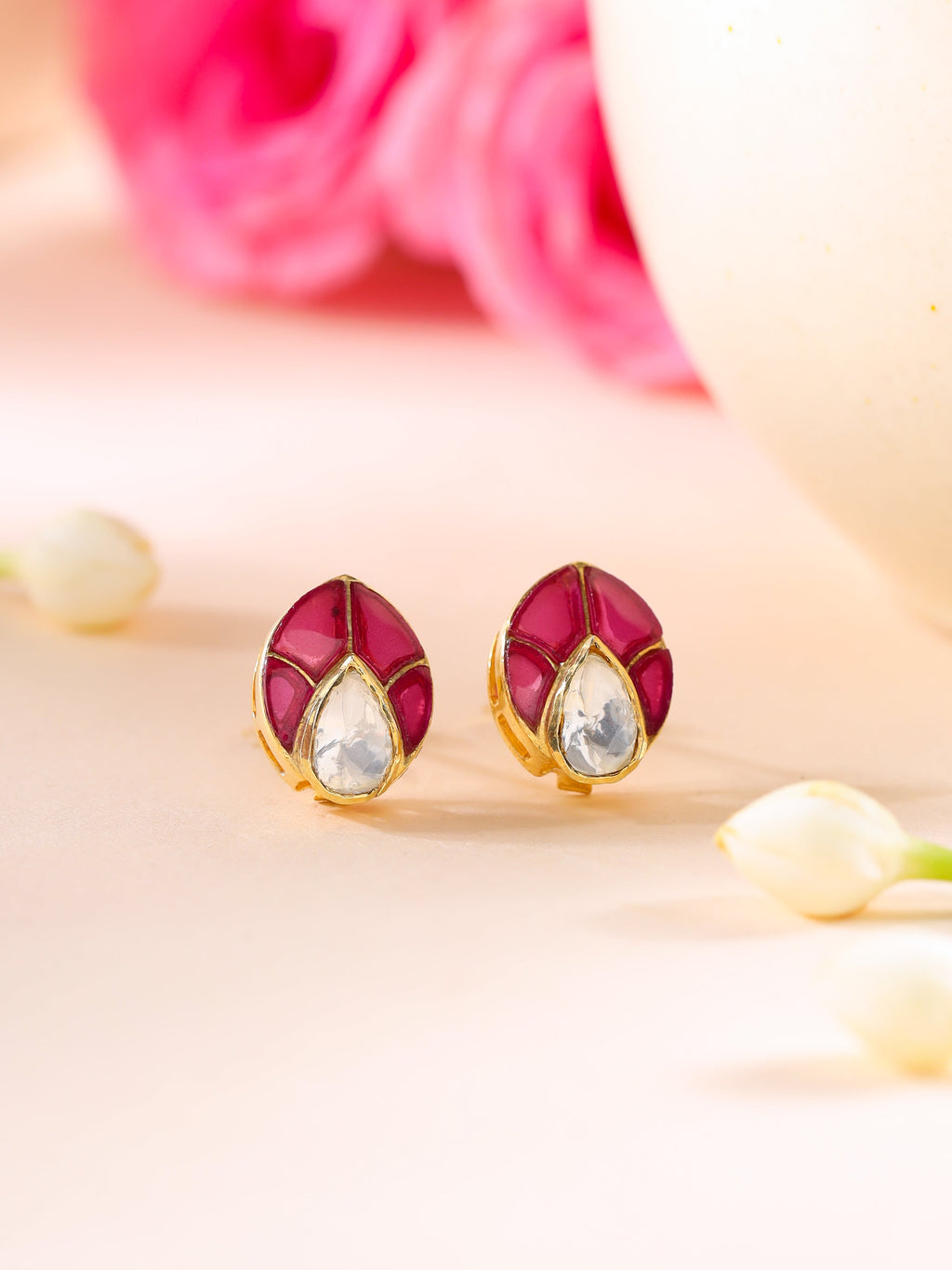 Crimson Leaf Moissanite Polki Stud Earrings in Sterling Silver
