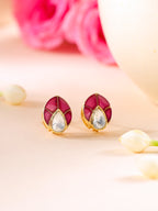 Crimson Leaf Moissanite Polki Stud Earrings in Sterling Silver