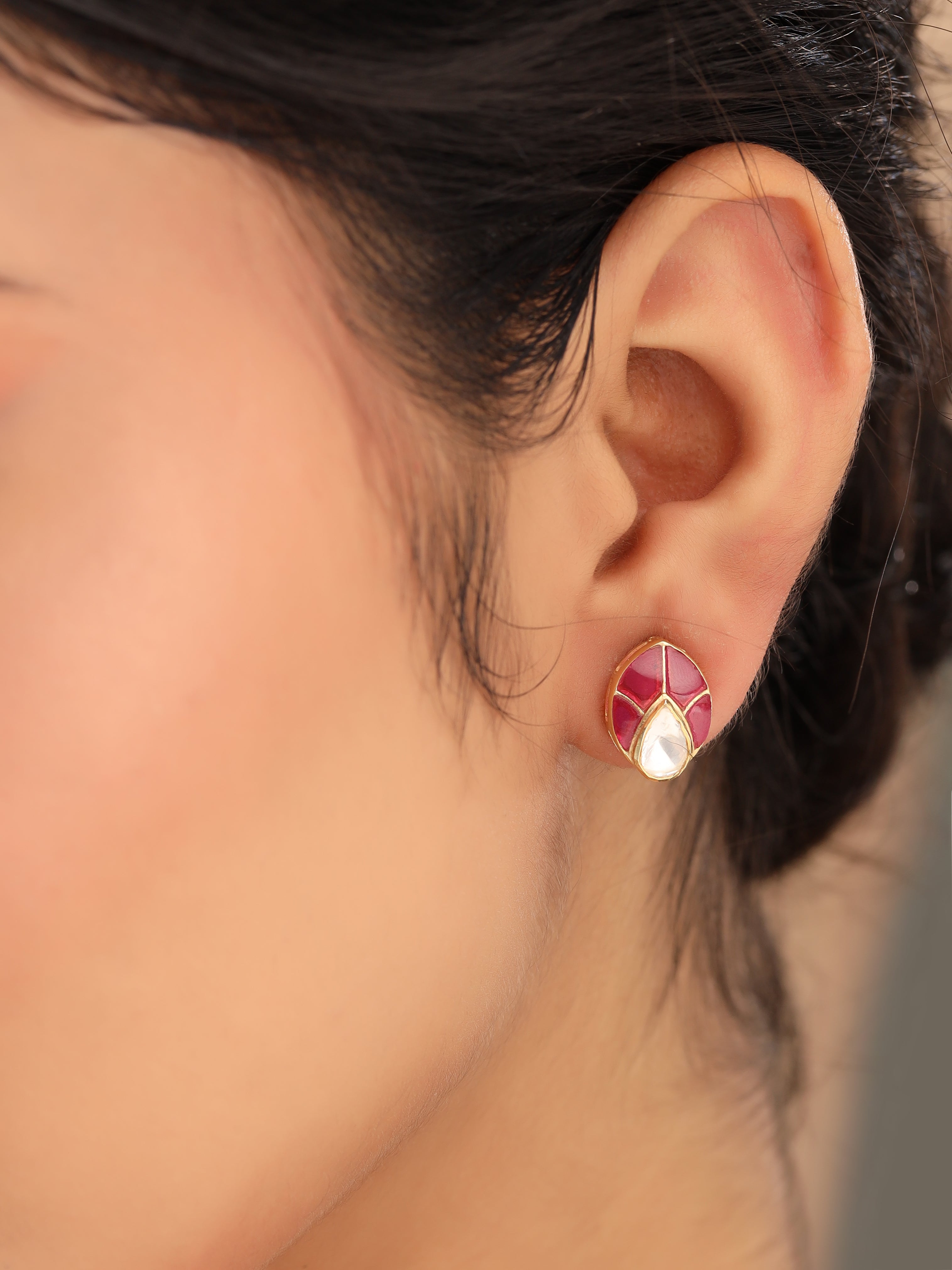 Crimson Leaf Moissanite Polki Stud Earrings in Sterling Silver
