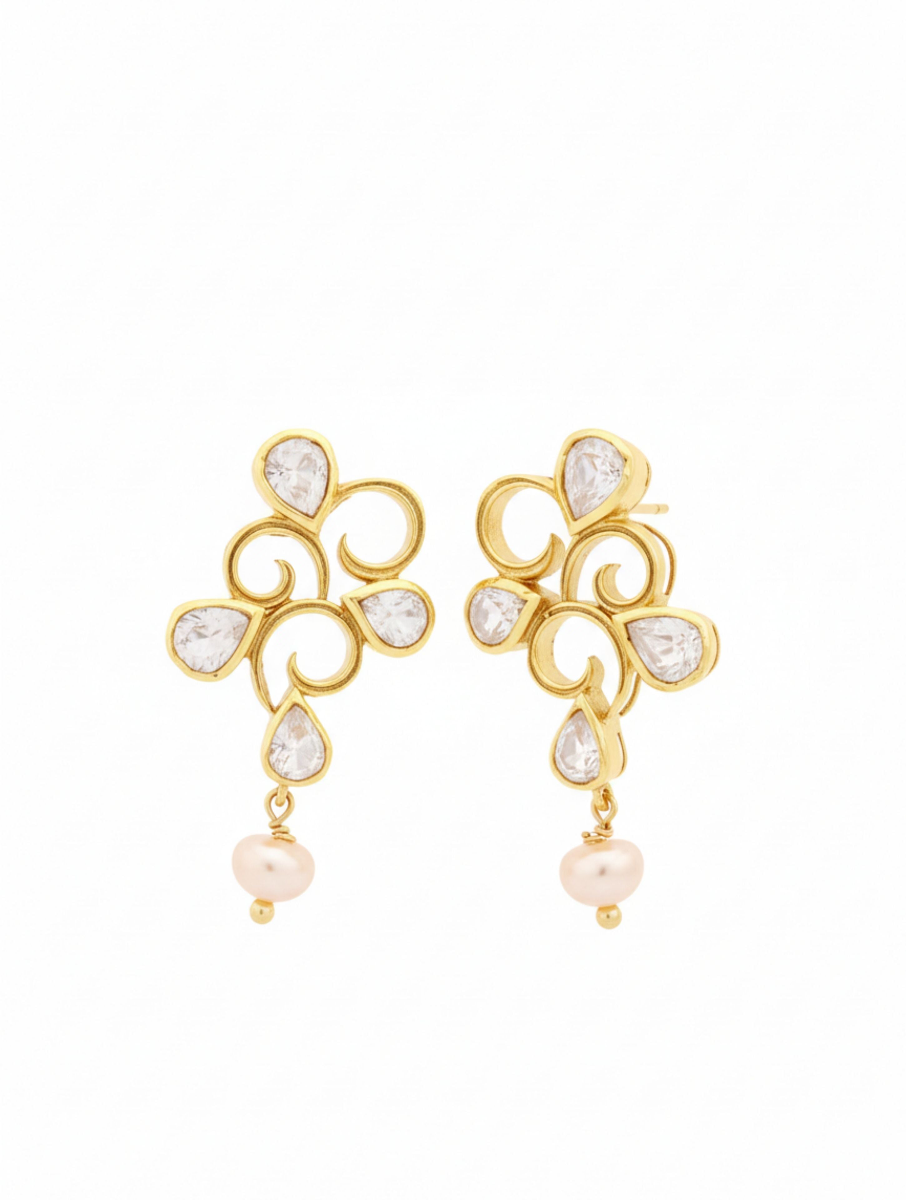 Moissanite Polki & Pearl Drop Earrings in Gold Plated Sterling Silver