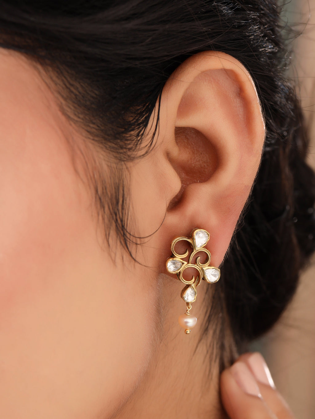 Moissanite Polki & Pearl Drop Earrings in Gold Plated Sterling Silver