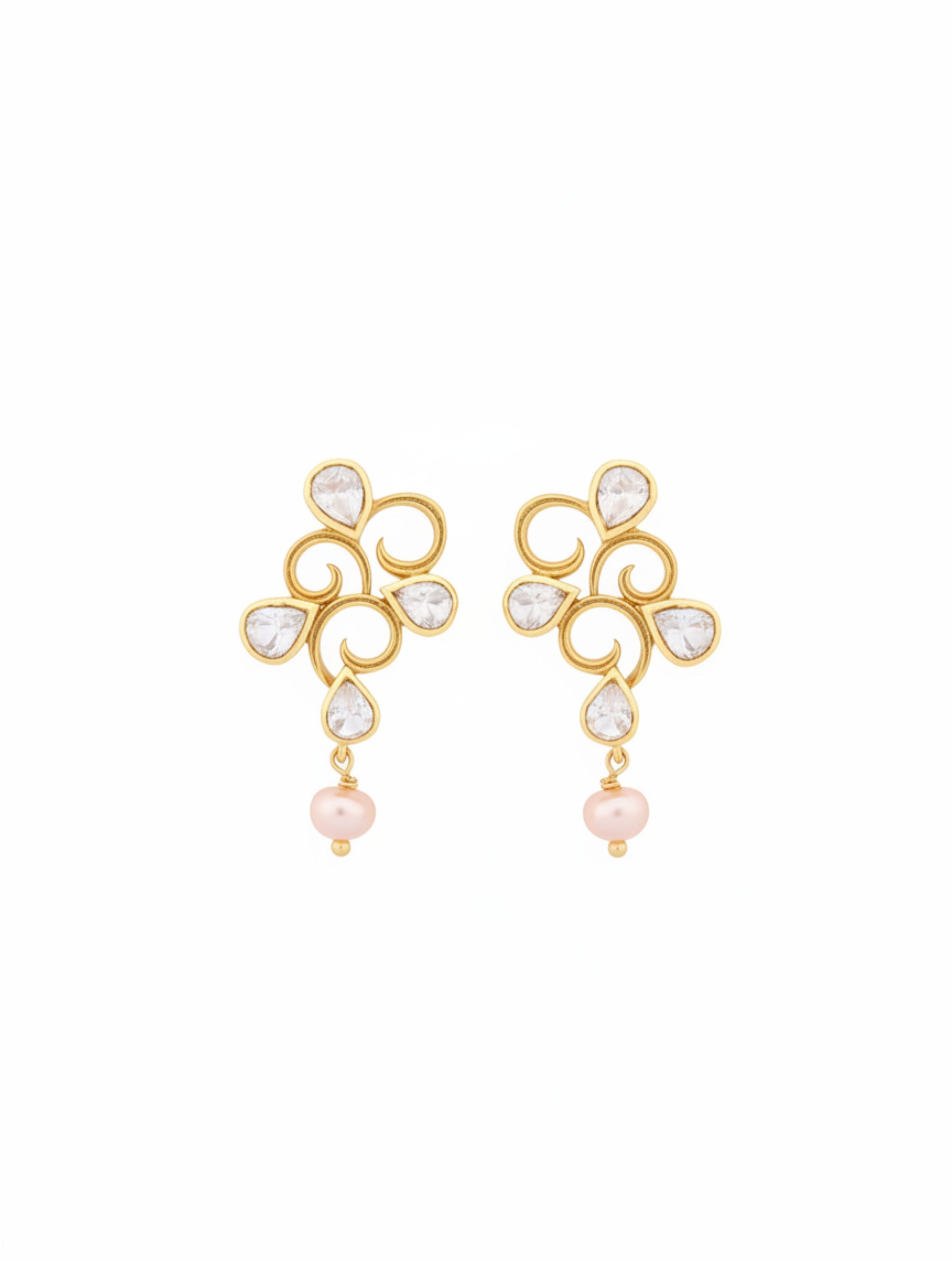Moissanite Polki & Pearl Drop Earrings in Gold Plated Sterling Silver