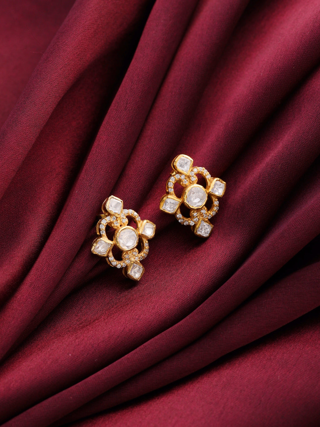 Moissanite and Polki Diamond Stud Earrings in Gold Plated 925 Sterling Silver