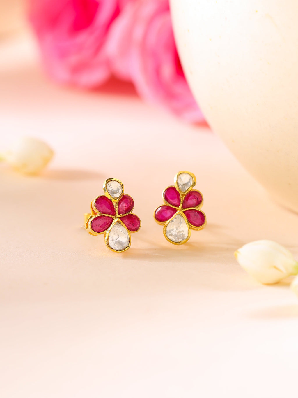 Polki Moissanite & Red Talph Stud Earrings in 925 Sterling Silver