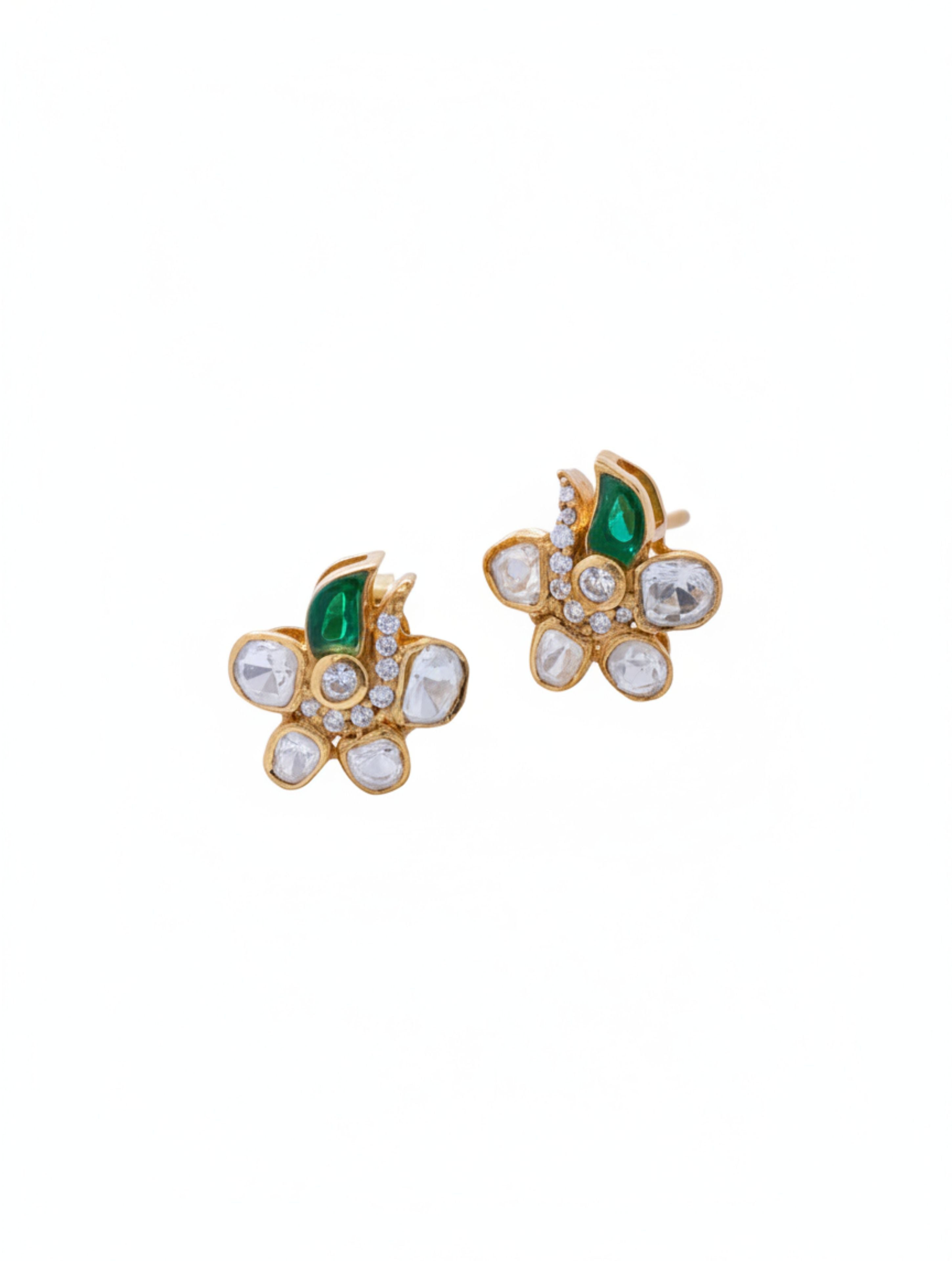 925 Sterling Silver Moissanite & Polki Flower Stud Earrings with Green Talph Accent