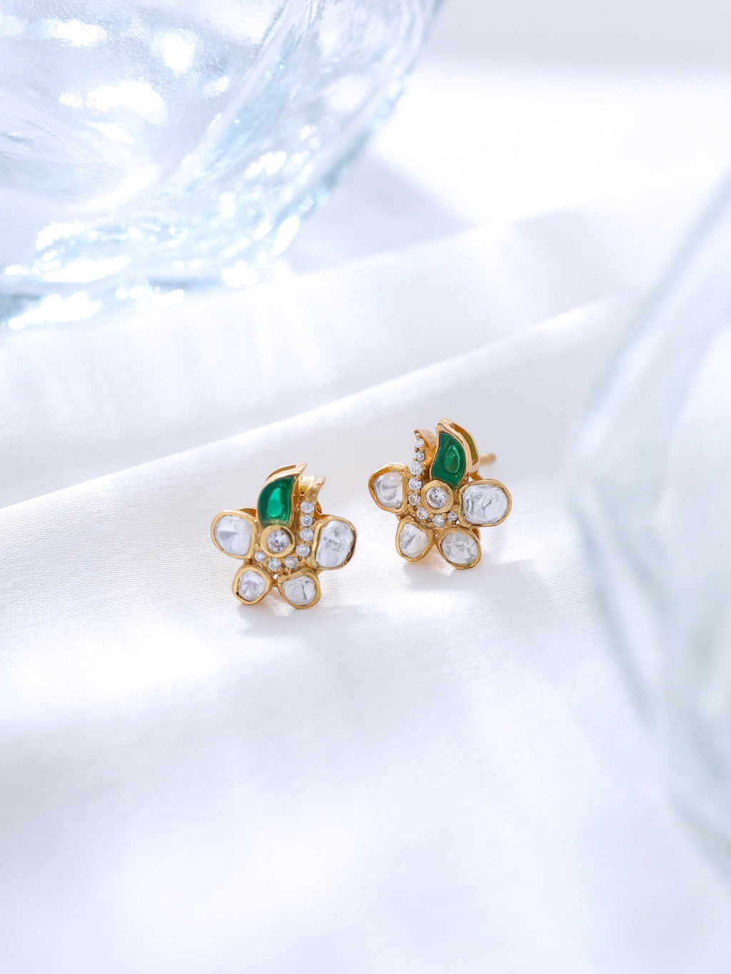 925 Sterling Silver Moissanite & Polki Flower Stud Earrings with Green Talph Accent