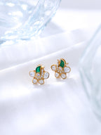 925 Sterling Silver Moissanite & Polki Flower Stud Earrings with Green Talph Accent
