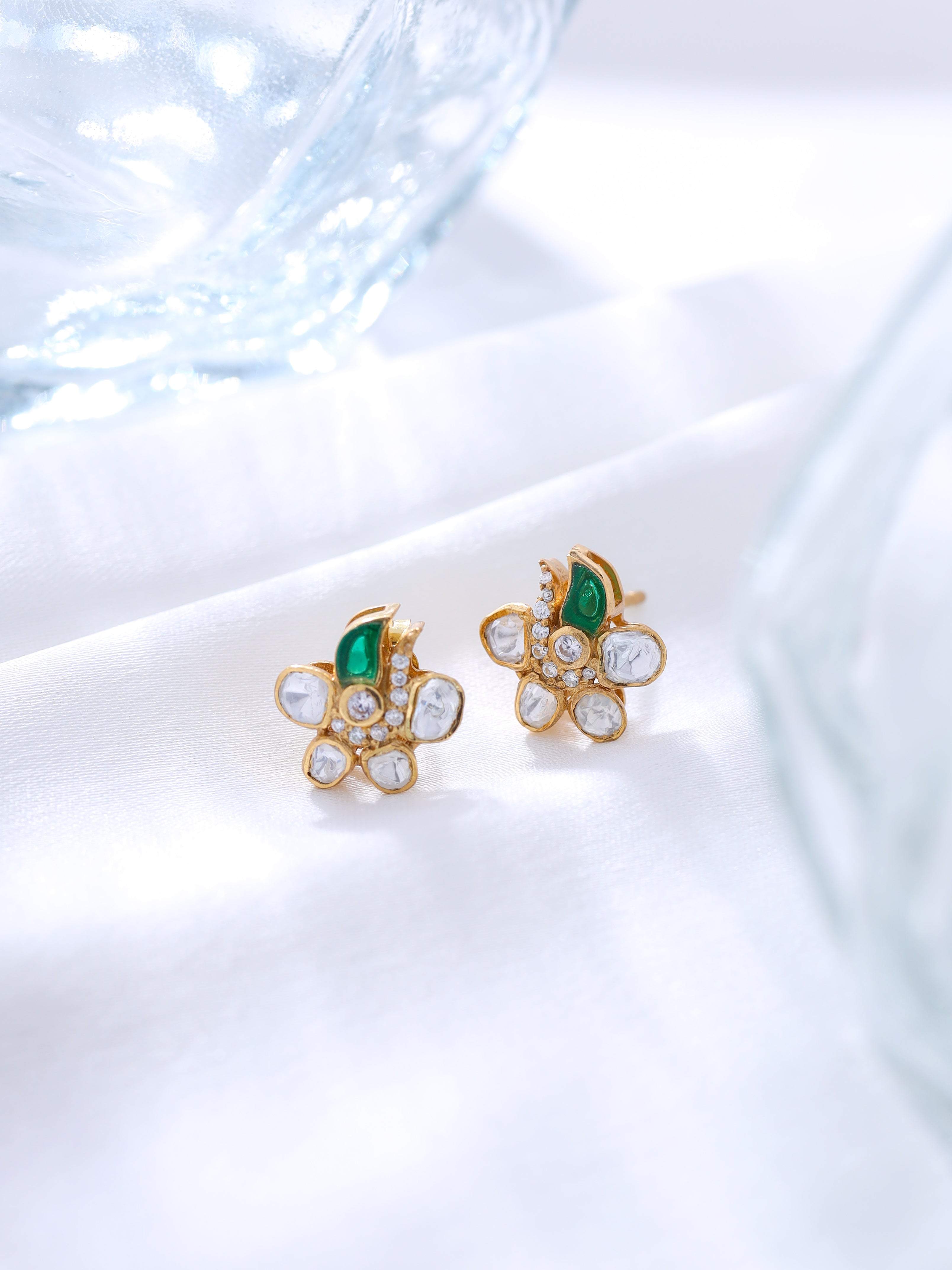 925 Sterling Silver Moissanite & Polki Flower Stud Earrings with Green Talph Accent