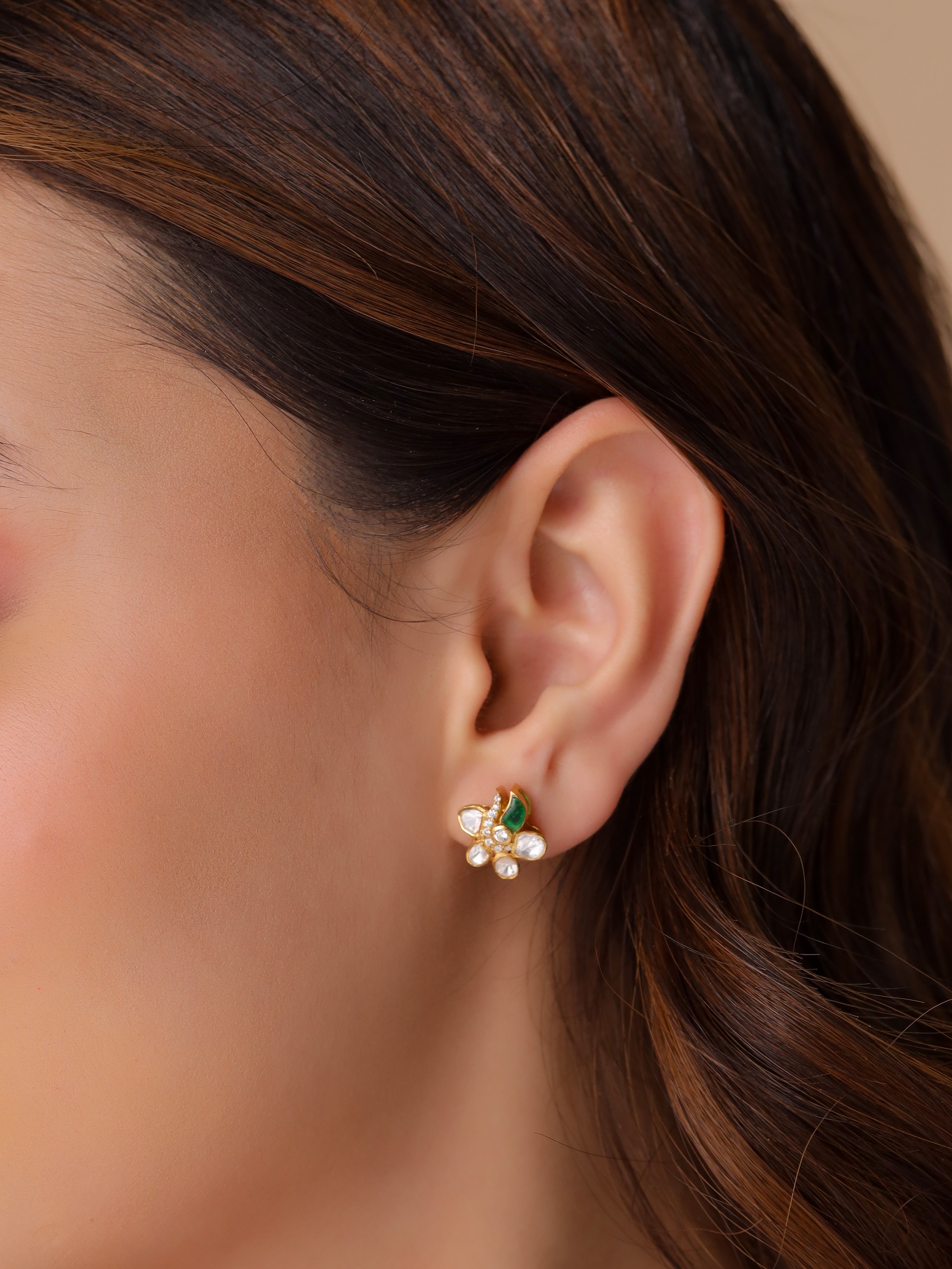 925 Sterling Silver Moissanite & Polki Flower Stud Earrings with Green Talph Accent