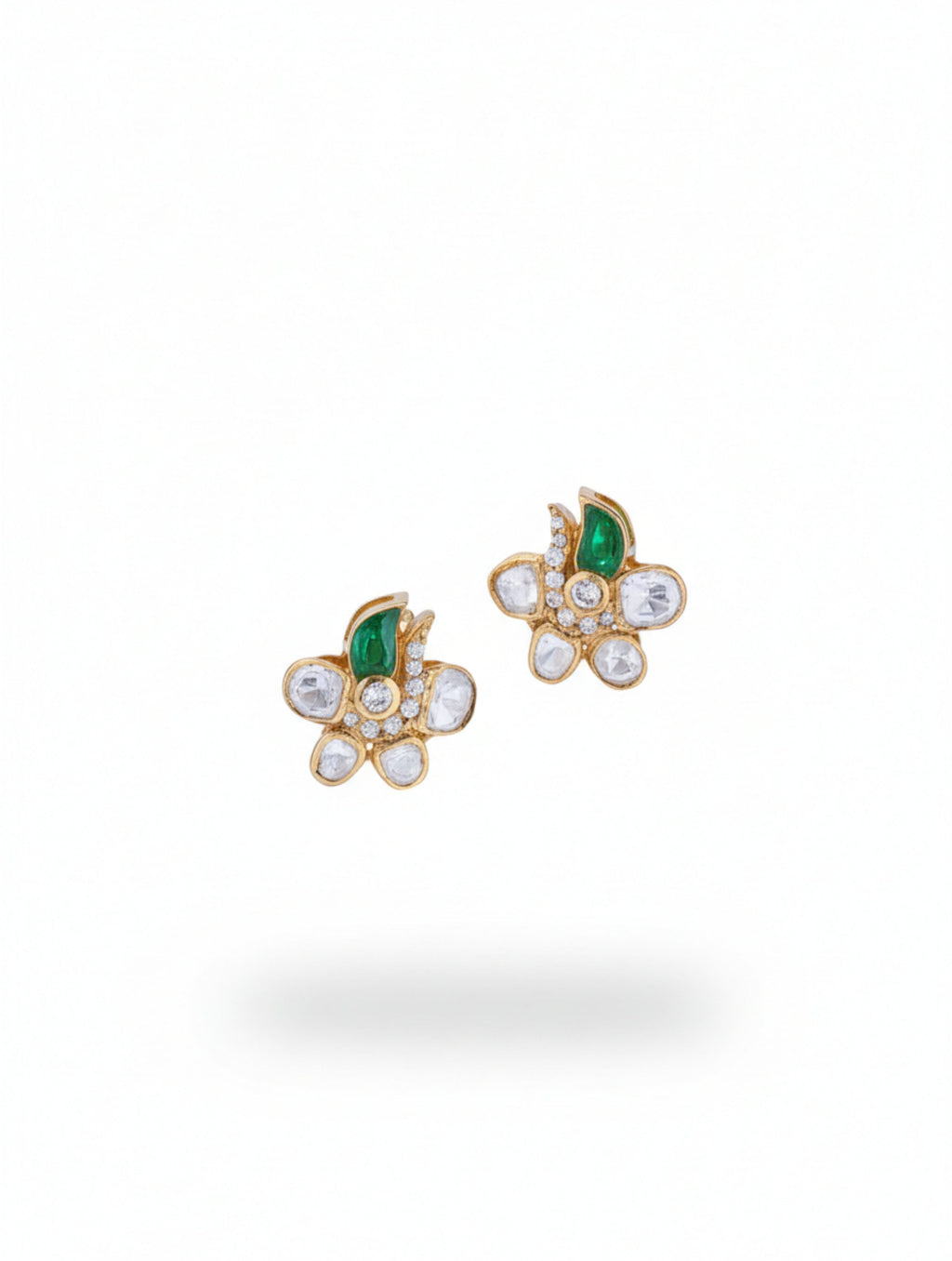925 Sterling Silver Moissanite & Polki Flower Stud Earrings with Green Talph Accent
