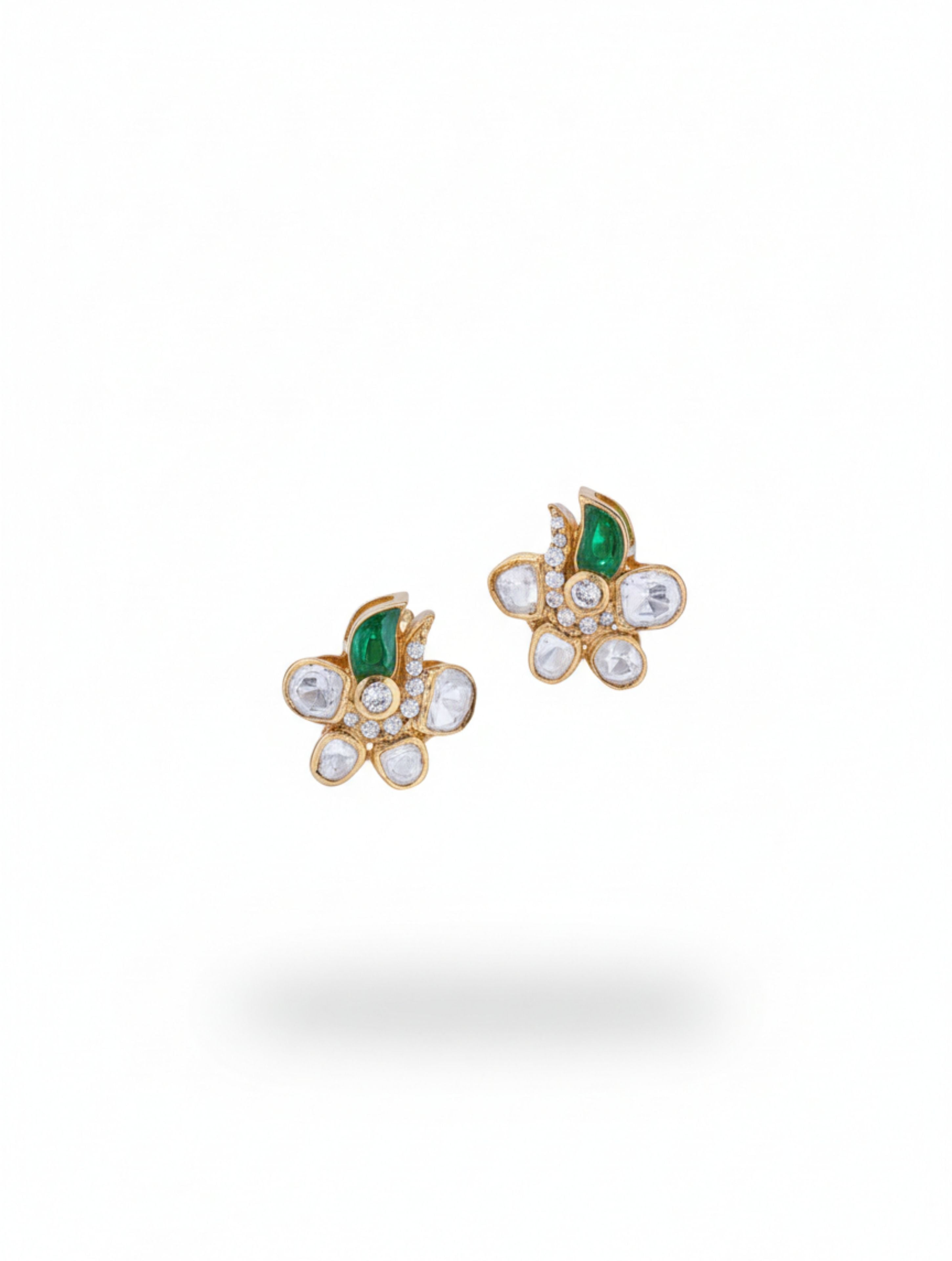 925 Sterling Silver Moissanite & Polki Flower Stud Earrings with Green Talph Accent
