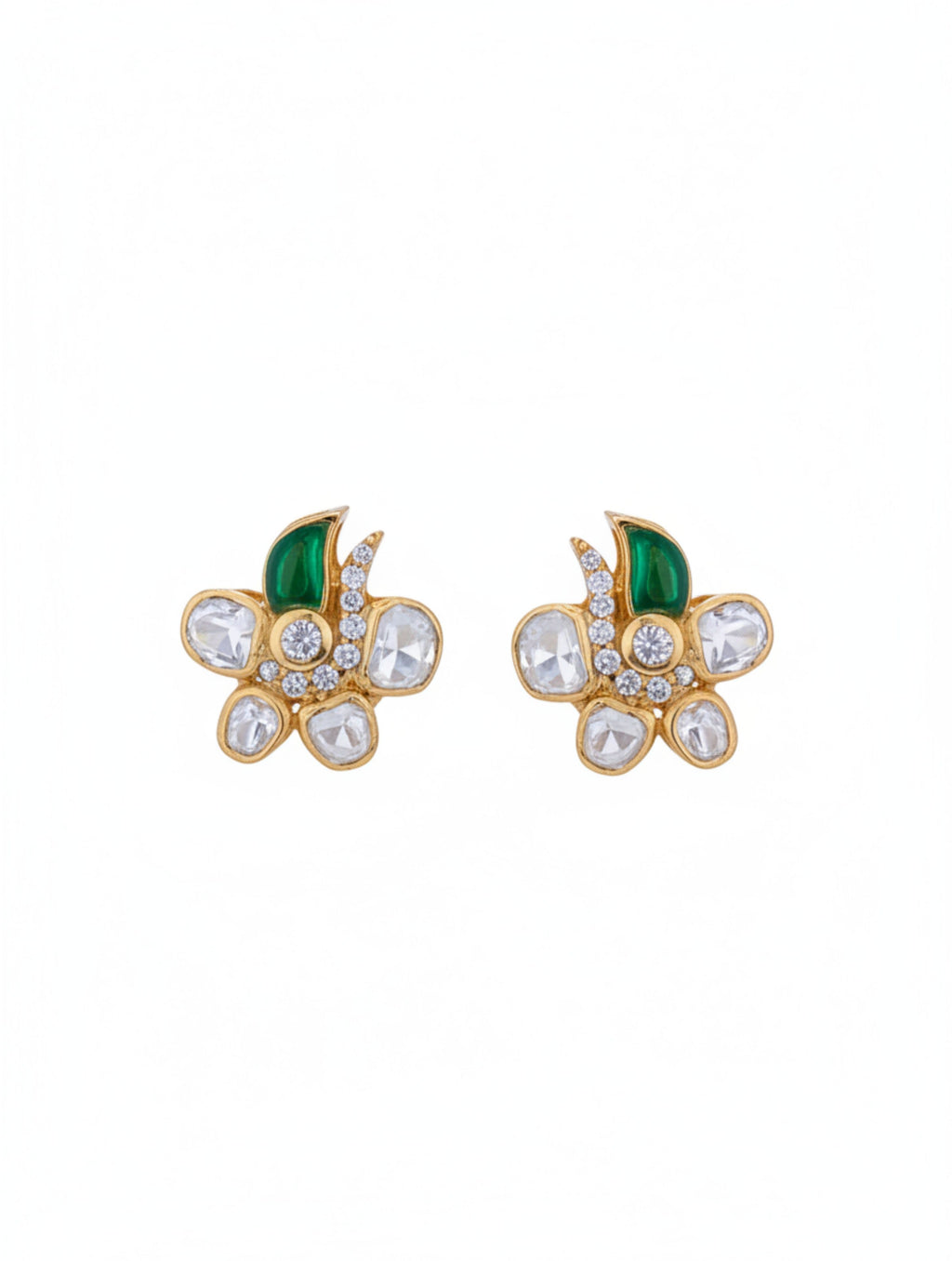 925 Sterling Silver Moissanite & Polki Flower Stud Earrings with Green Talph Accent