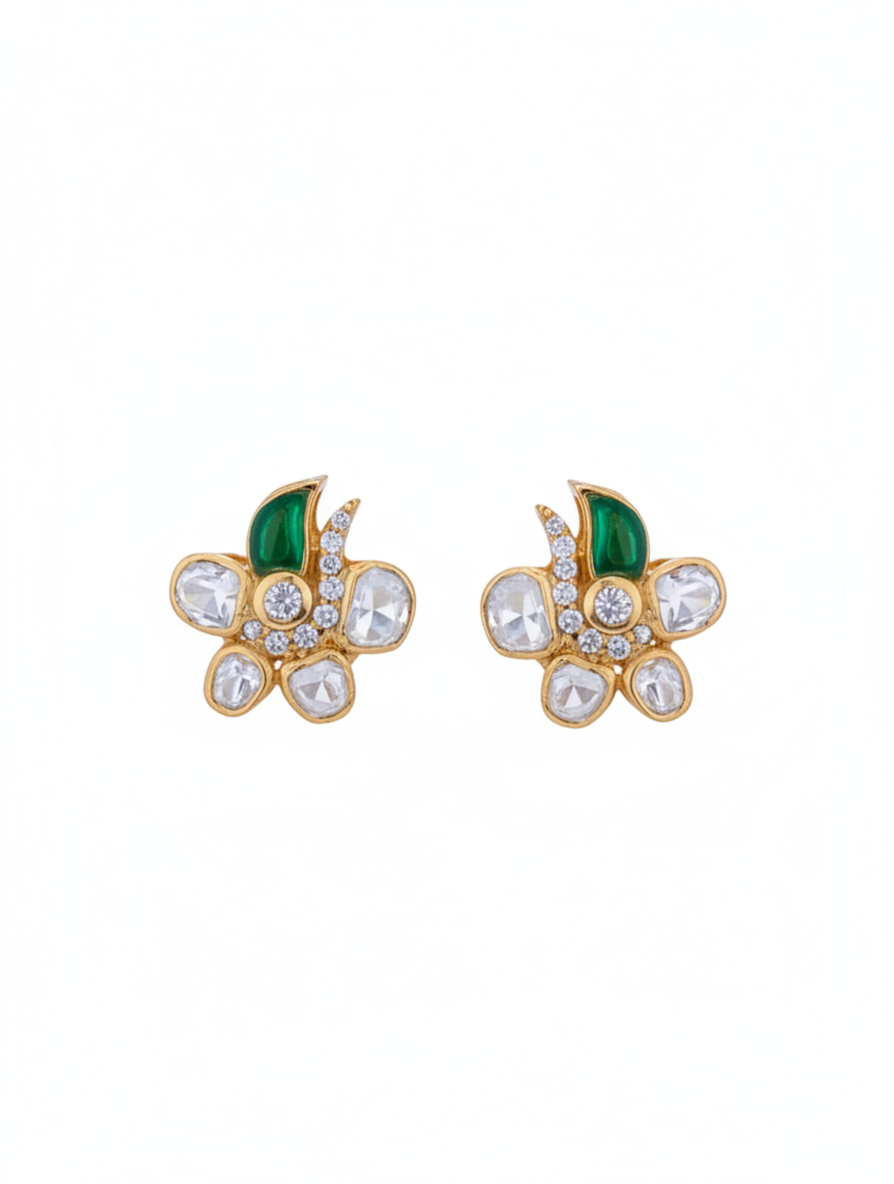 925 Sterling Silver Moissanite & Polki Flower Stud Earrings with Green Talph Accent