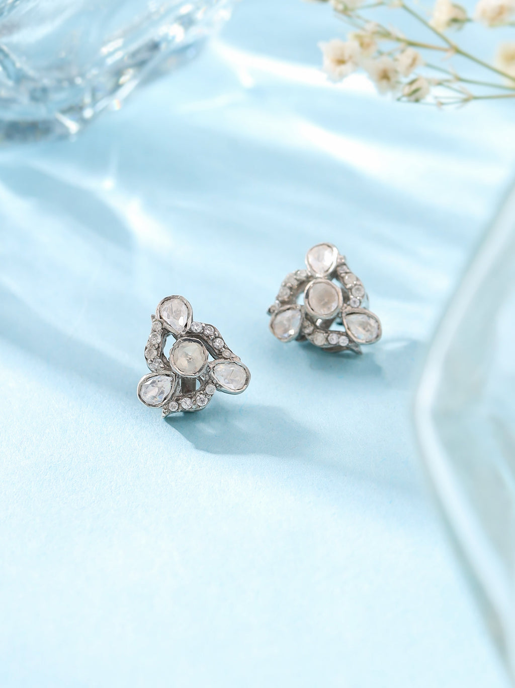 Antique-Style Polki Moissanite Floral Stud Earrings in Sterling Silver