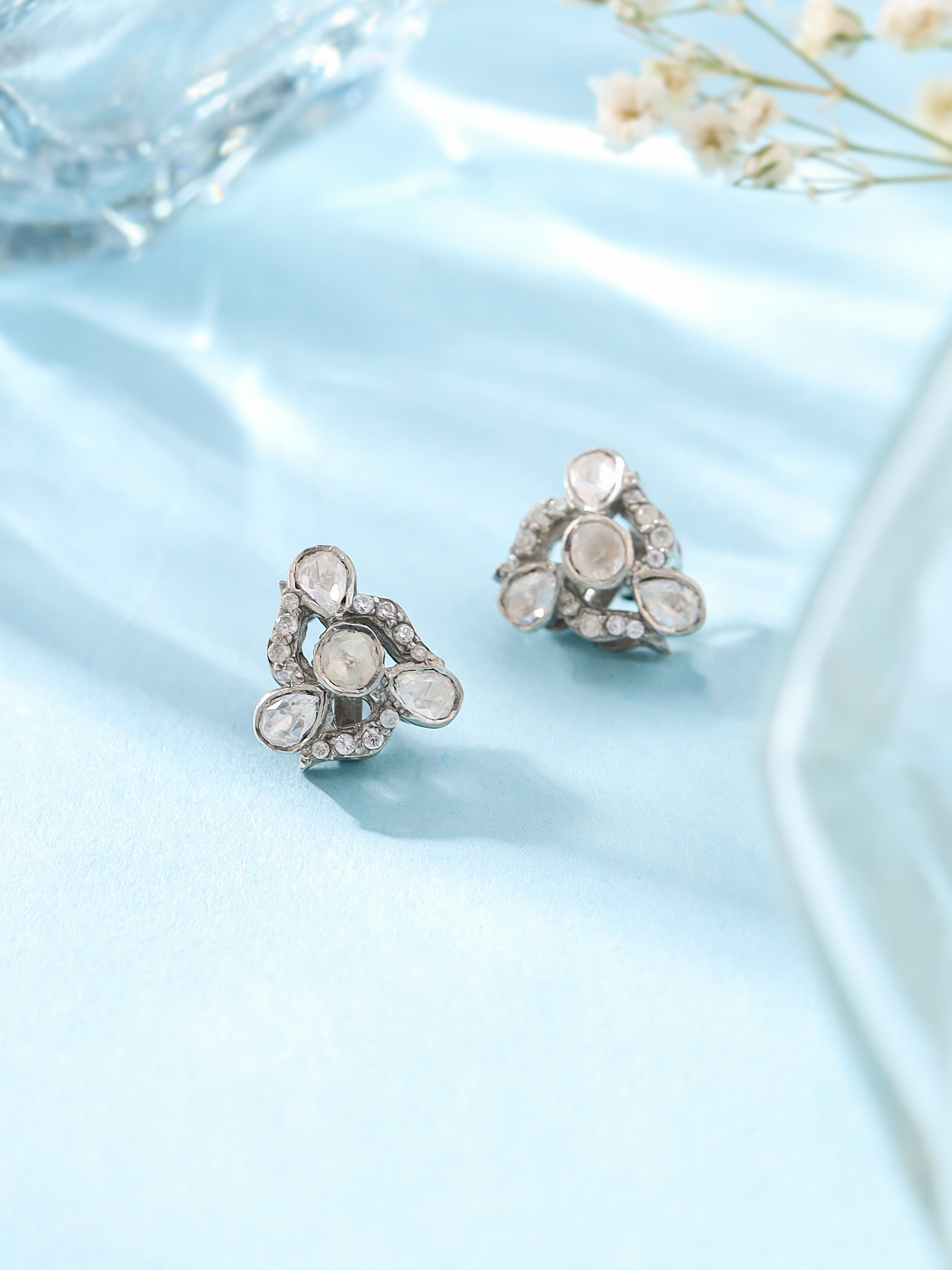 Antique-Style Polki Moissanite Floral Stud Earrings in Sterling Silver