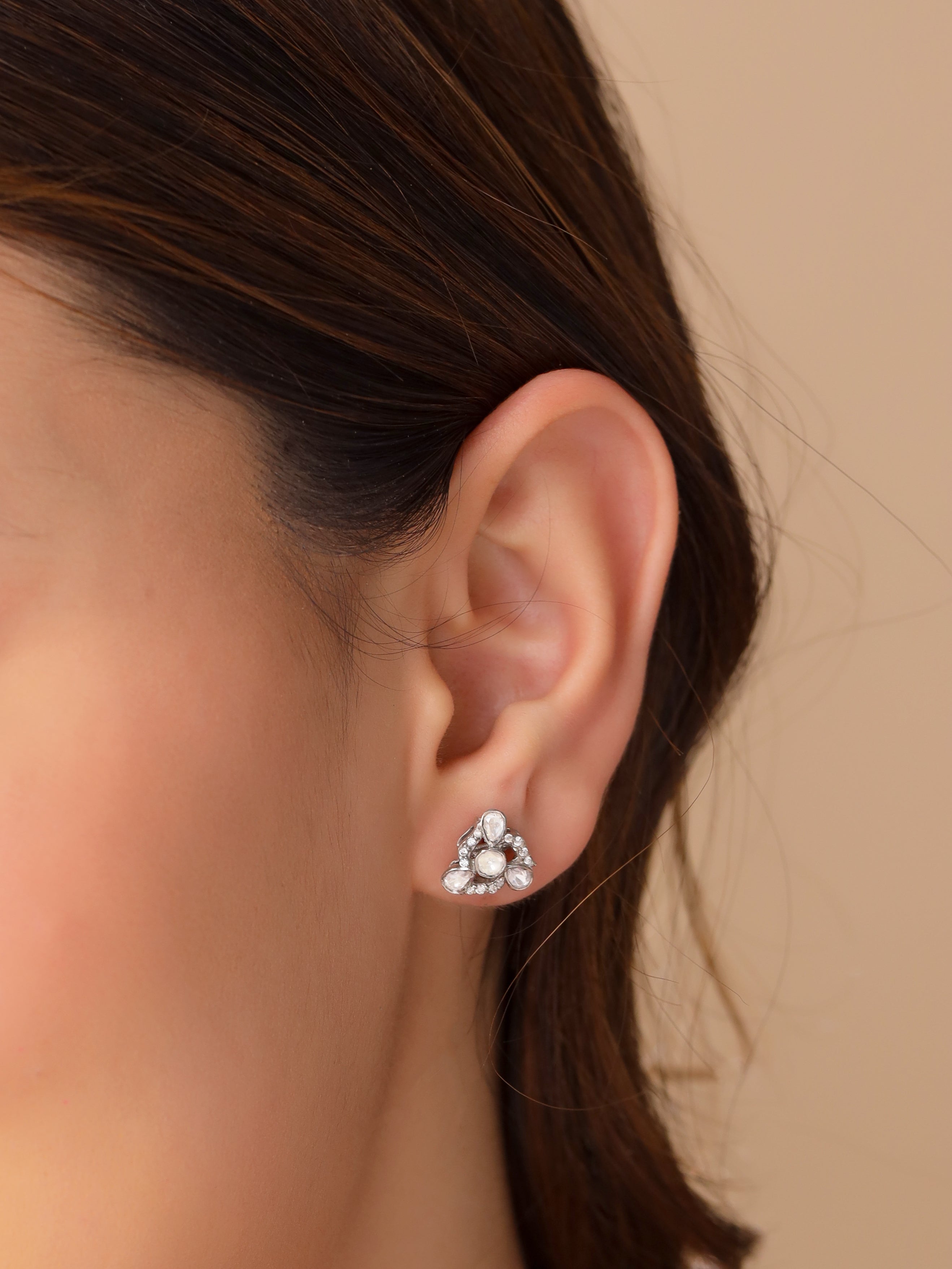 Antique-Style Polki Moissanite Floral Stud Earrings in Sterling Silver