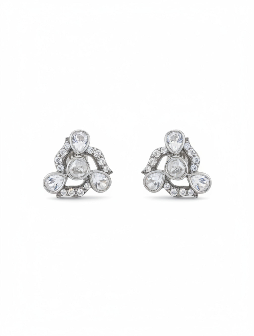 Antique-Style Polki Moissanite Floral Stud Earrings in Sterling Silver