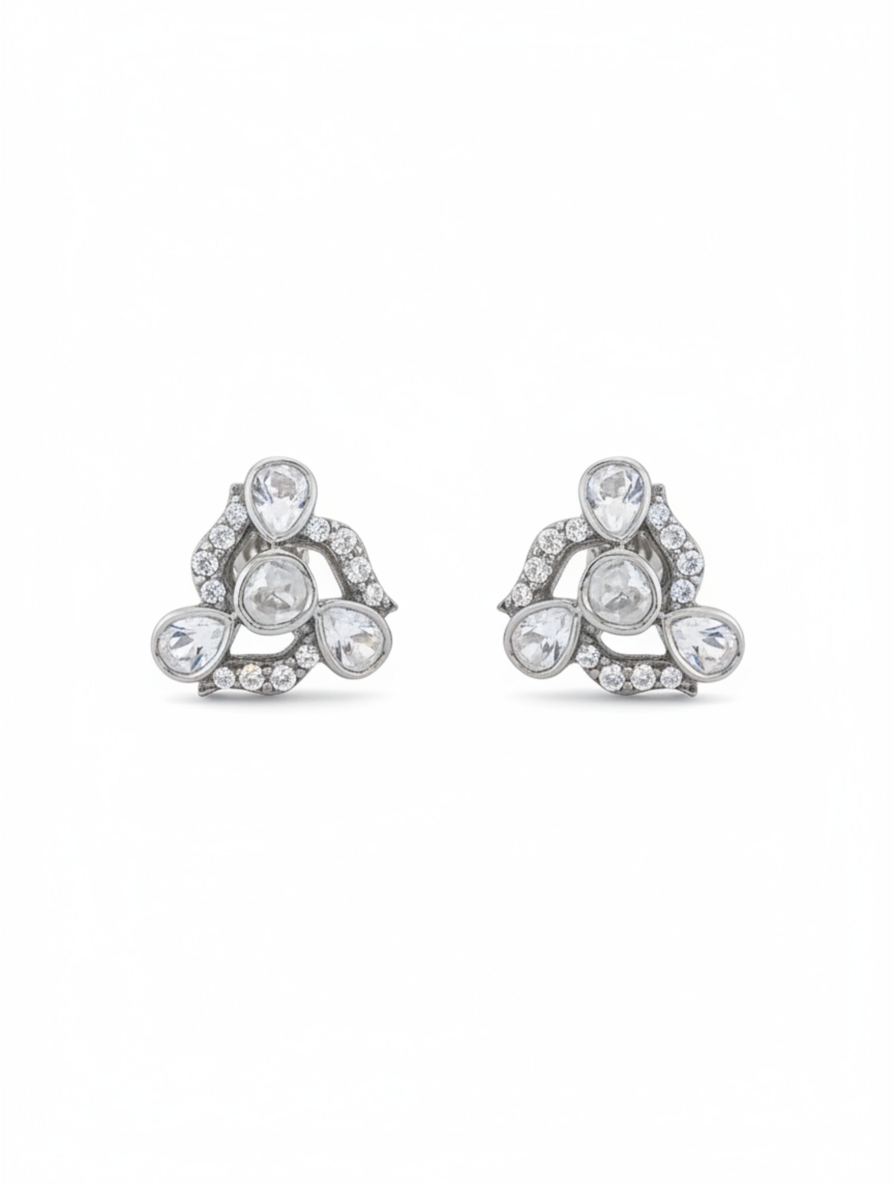 Antique-Style Polki Moissanite Floral Stud Earrings in Sterling Silver