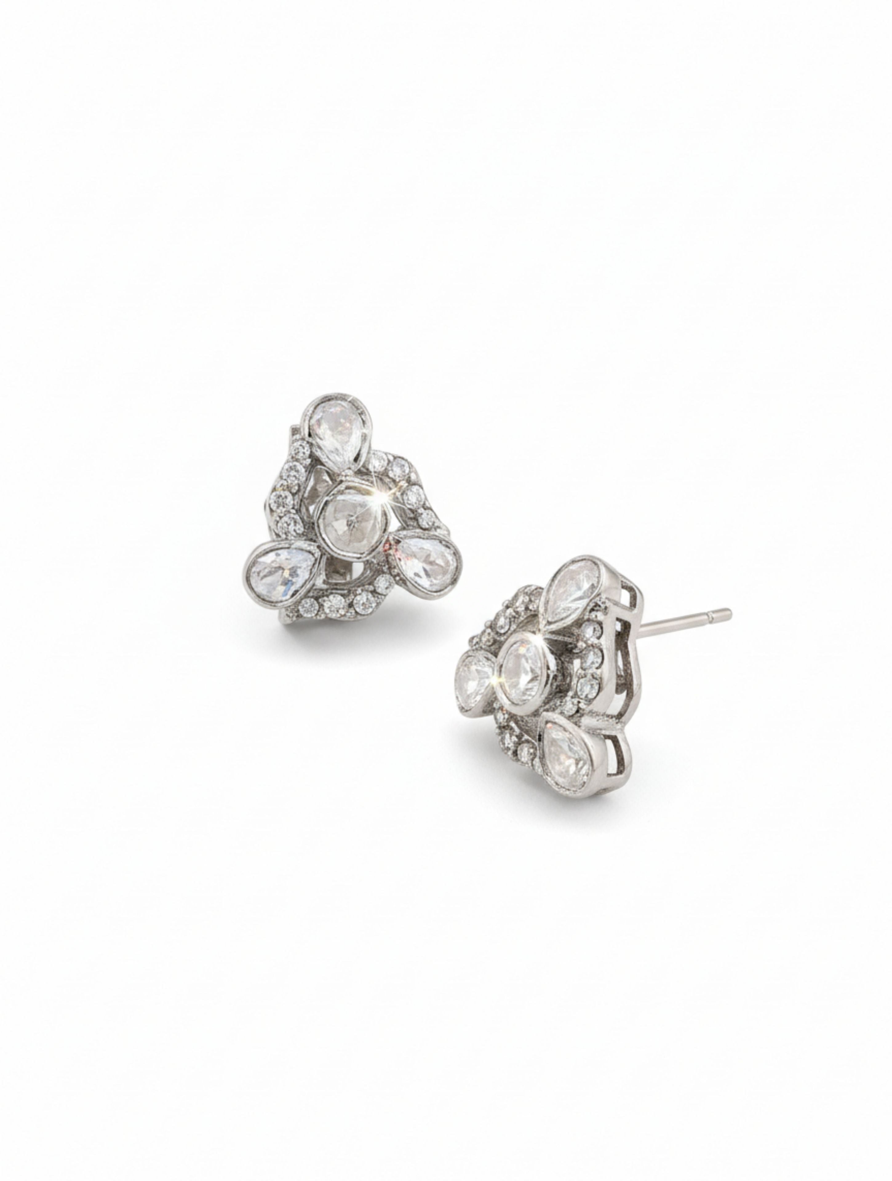 Antique-Style Polki Moissanite Floral Stud Earrings in Sterling Silver