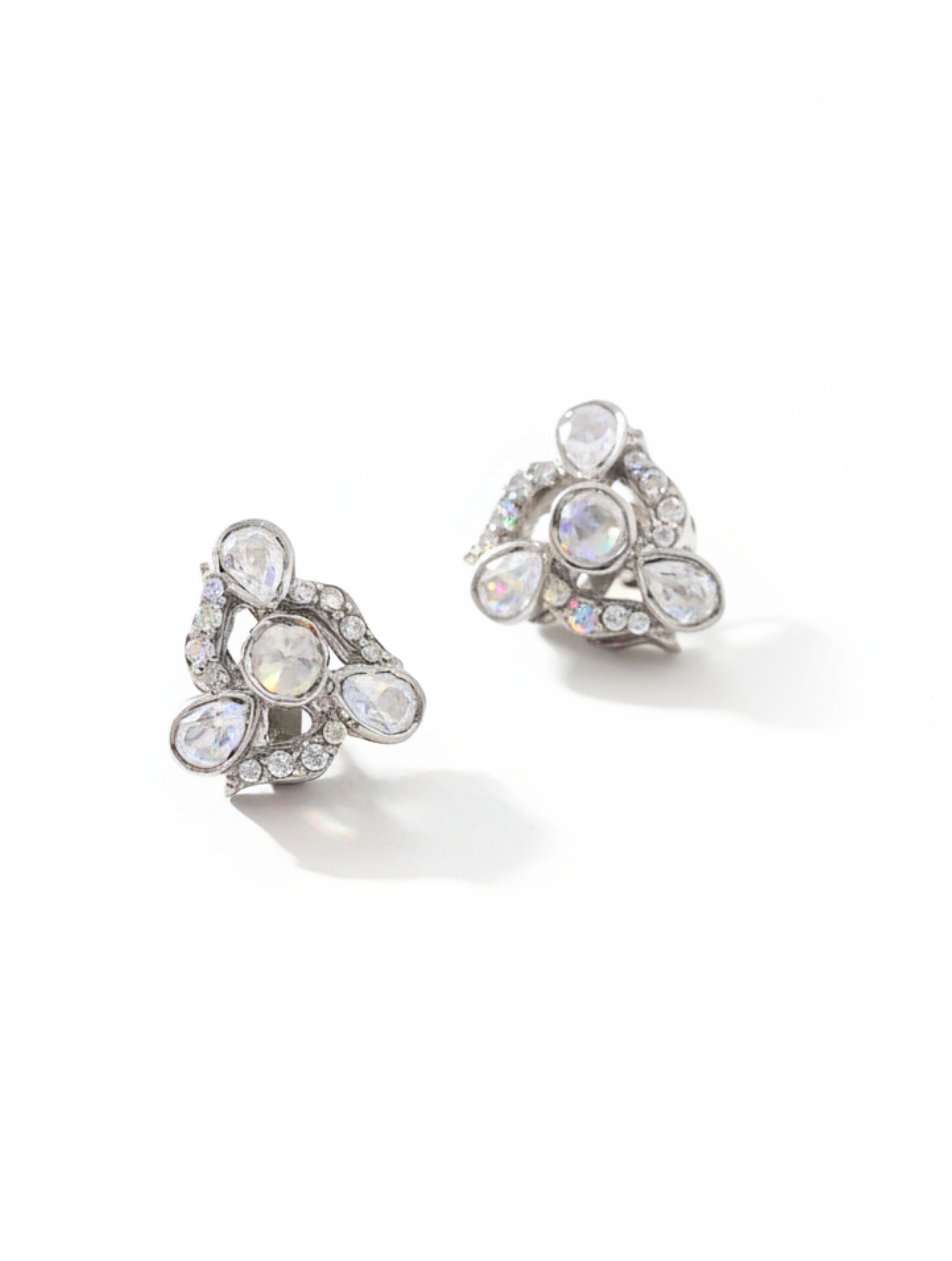 Antique-Style Polki Moissanite Floral Stud Earrings in Sterling Silver