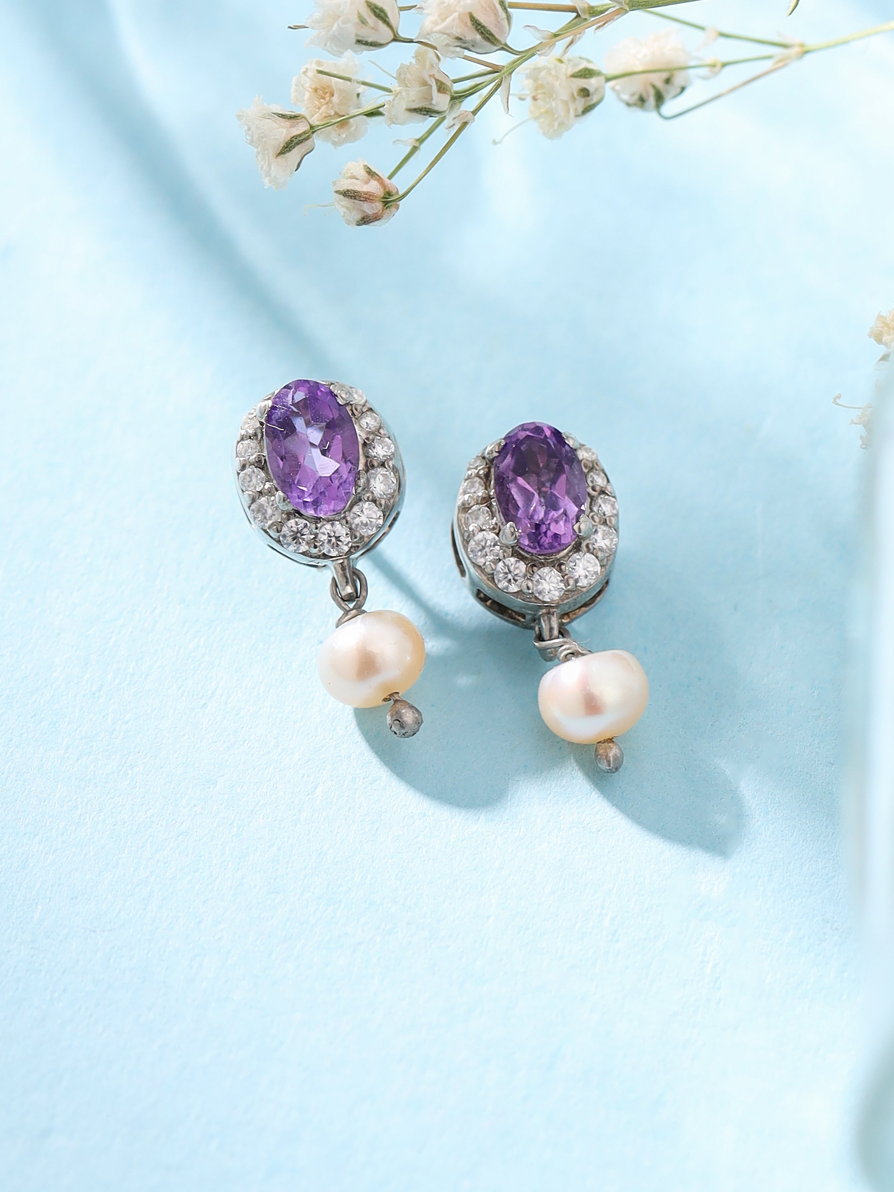 Amethyst & Moissanite Halo Studs with Dangle Pearl in 925 Sterling Silver