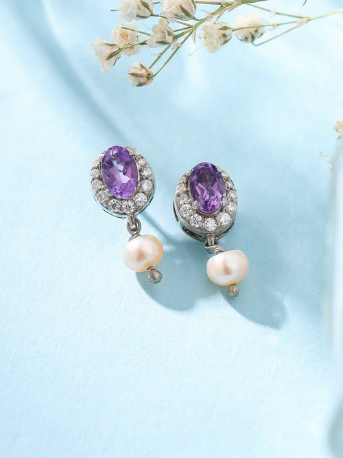 Amethyst & Moissanite Halo Studs with Dangle Pearl in 925 Sterling Silver