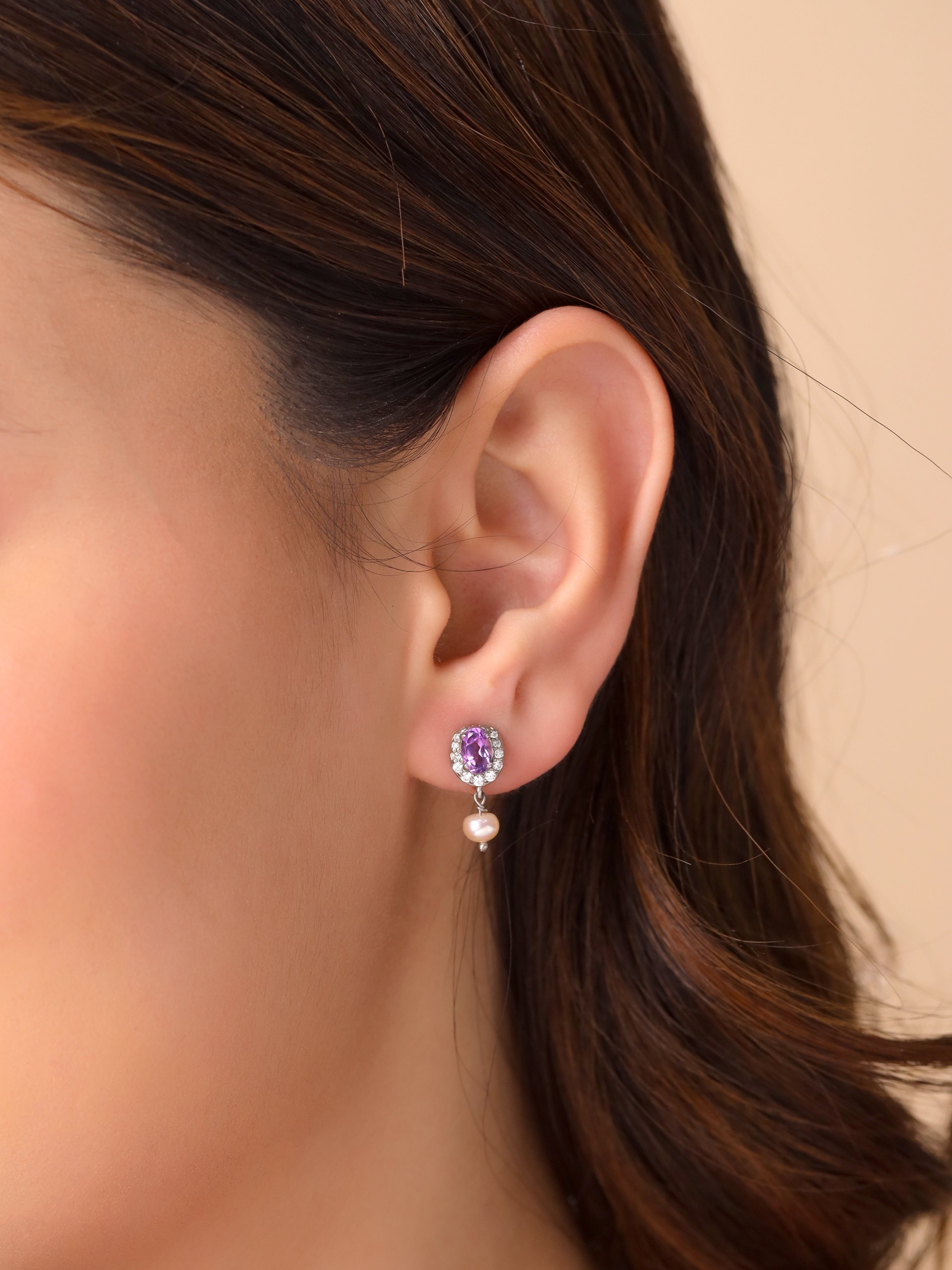 Amethyst & Moissanite Halo Studs with Dangle Pearl in 925 Sterling Silver