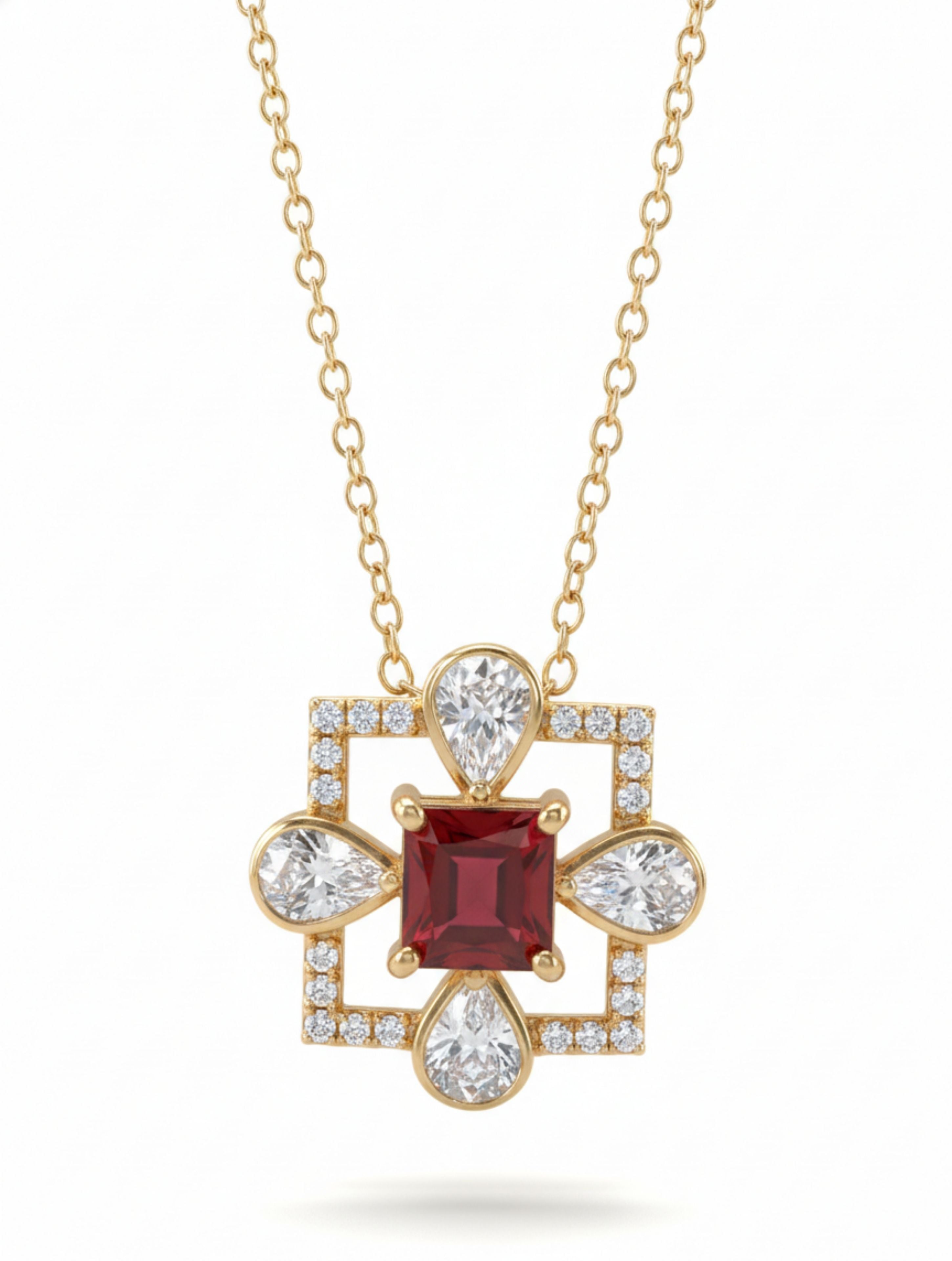 925 Sterling Silver Gold Plated Garnet & Moissanite Pendant Necklace