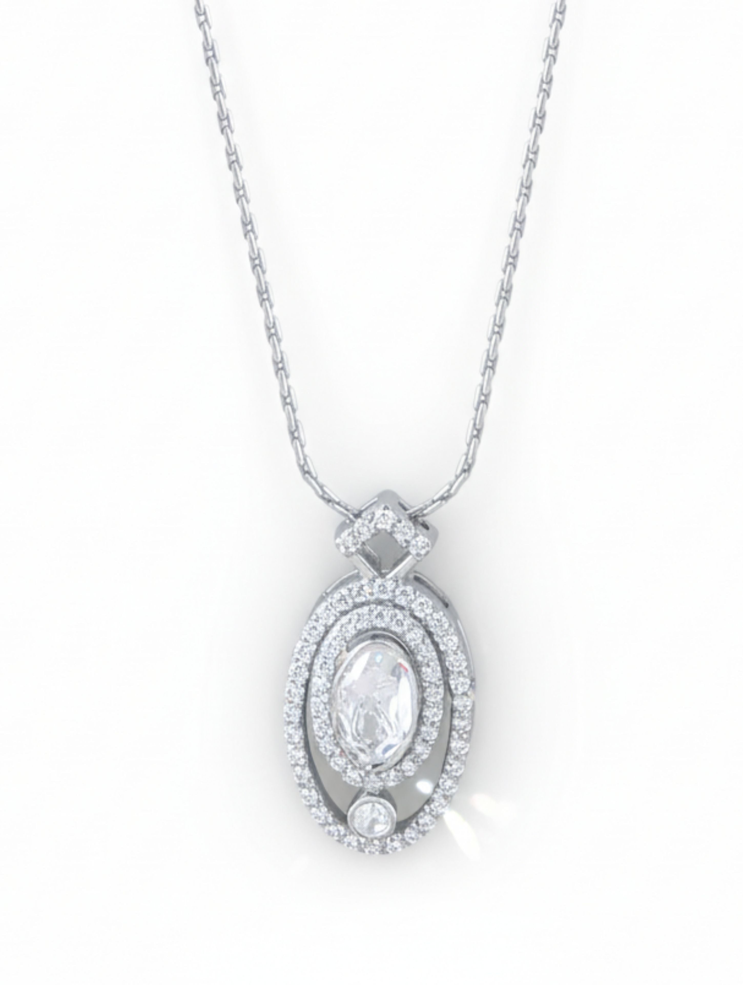 Oval Moissanite & Polki Moissanite Halo Pendant in 925 Sterling Silver