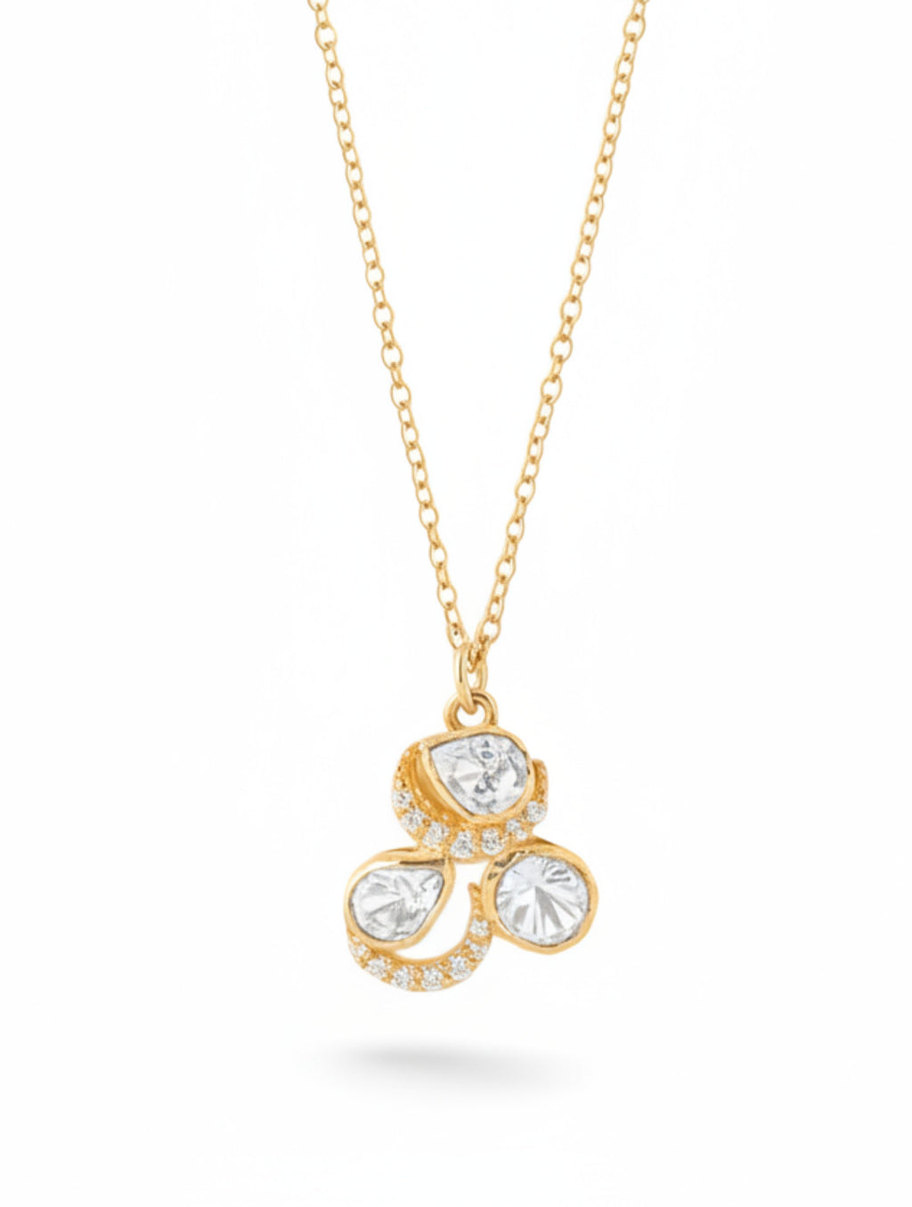 Vintage-Inspired Polki Moissanite Tri-Cluster Pendant Necklace in 925 Silver