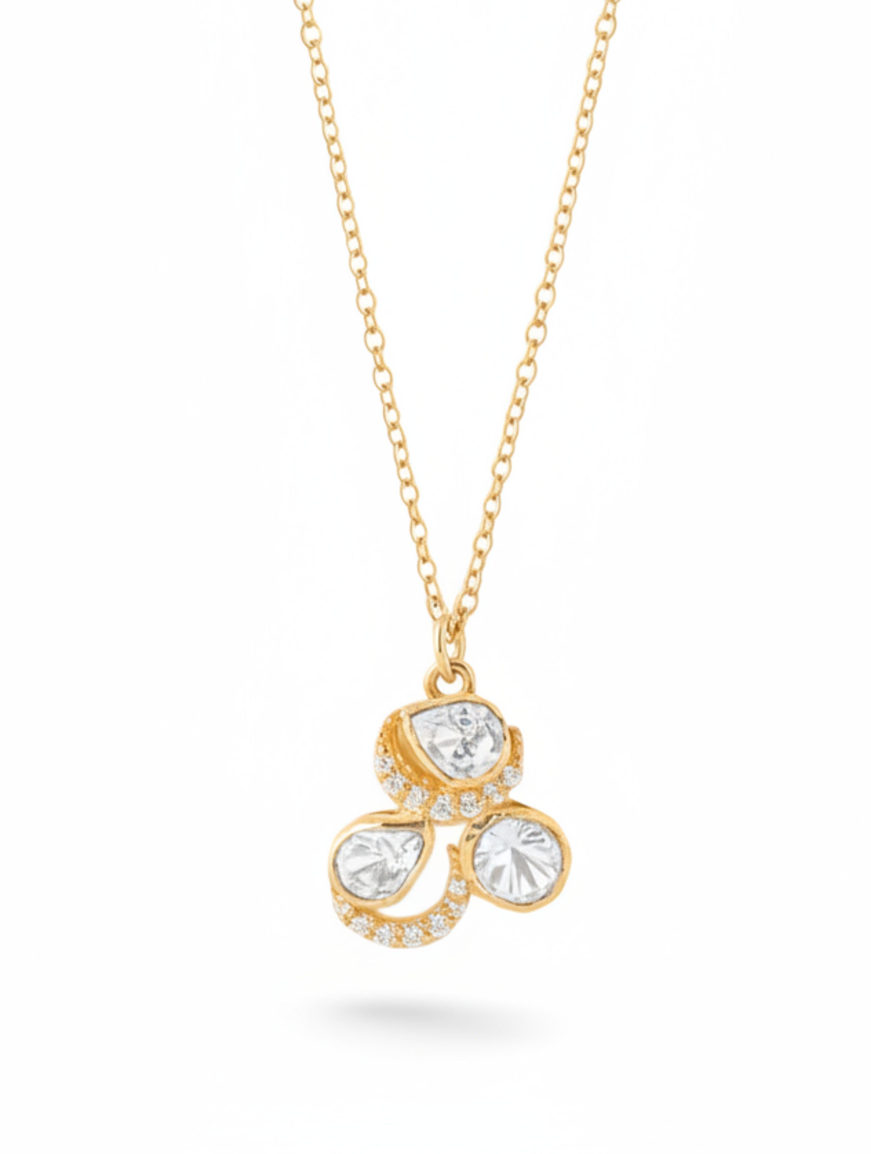 Vintage-Inspired Polki Moissanite Tri-Cluster Pendant Necklace in 925 Silver