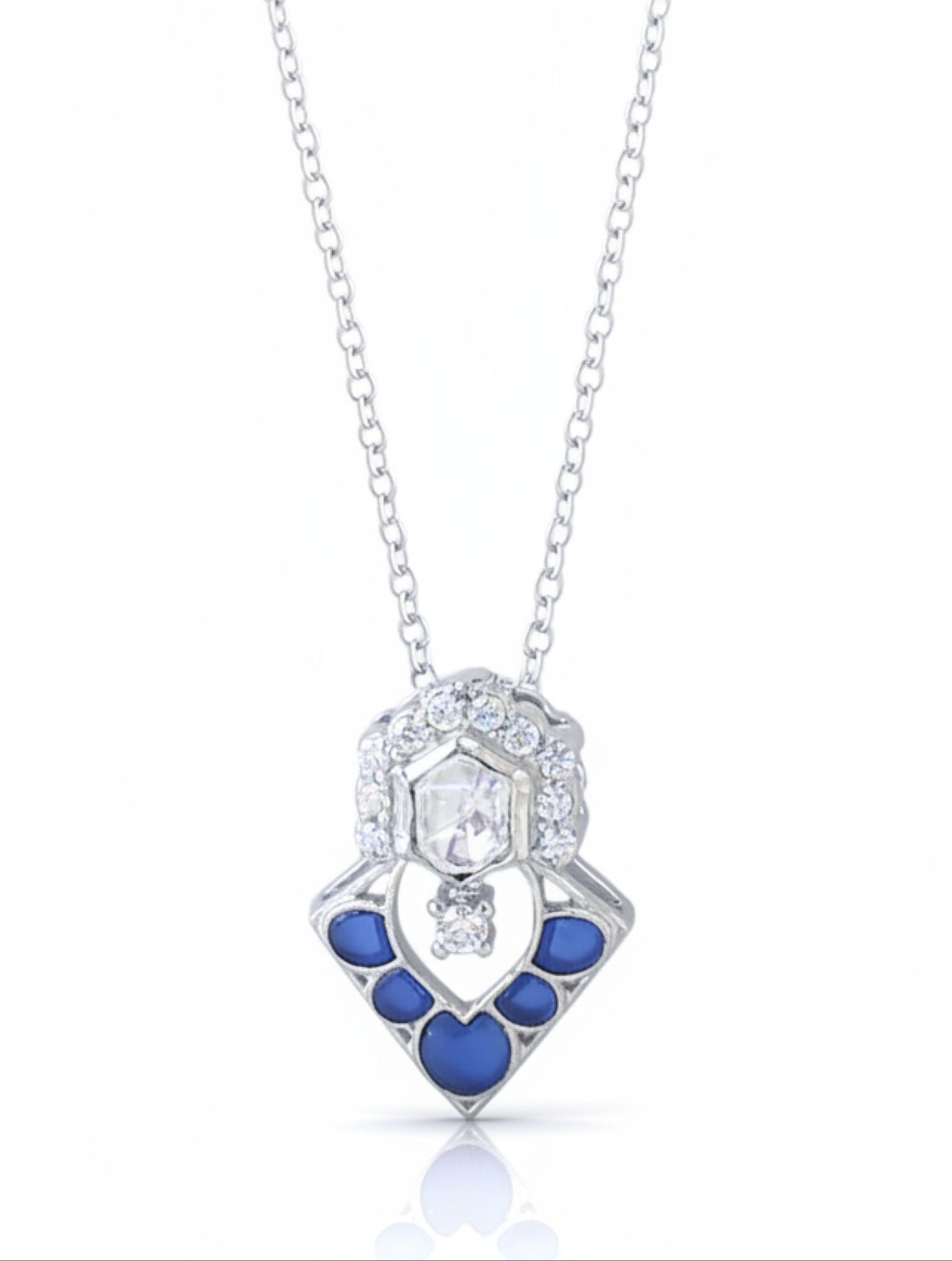 925 Sterling Silver Polki Moissanite Halo Necklace with Blue Talph