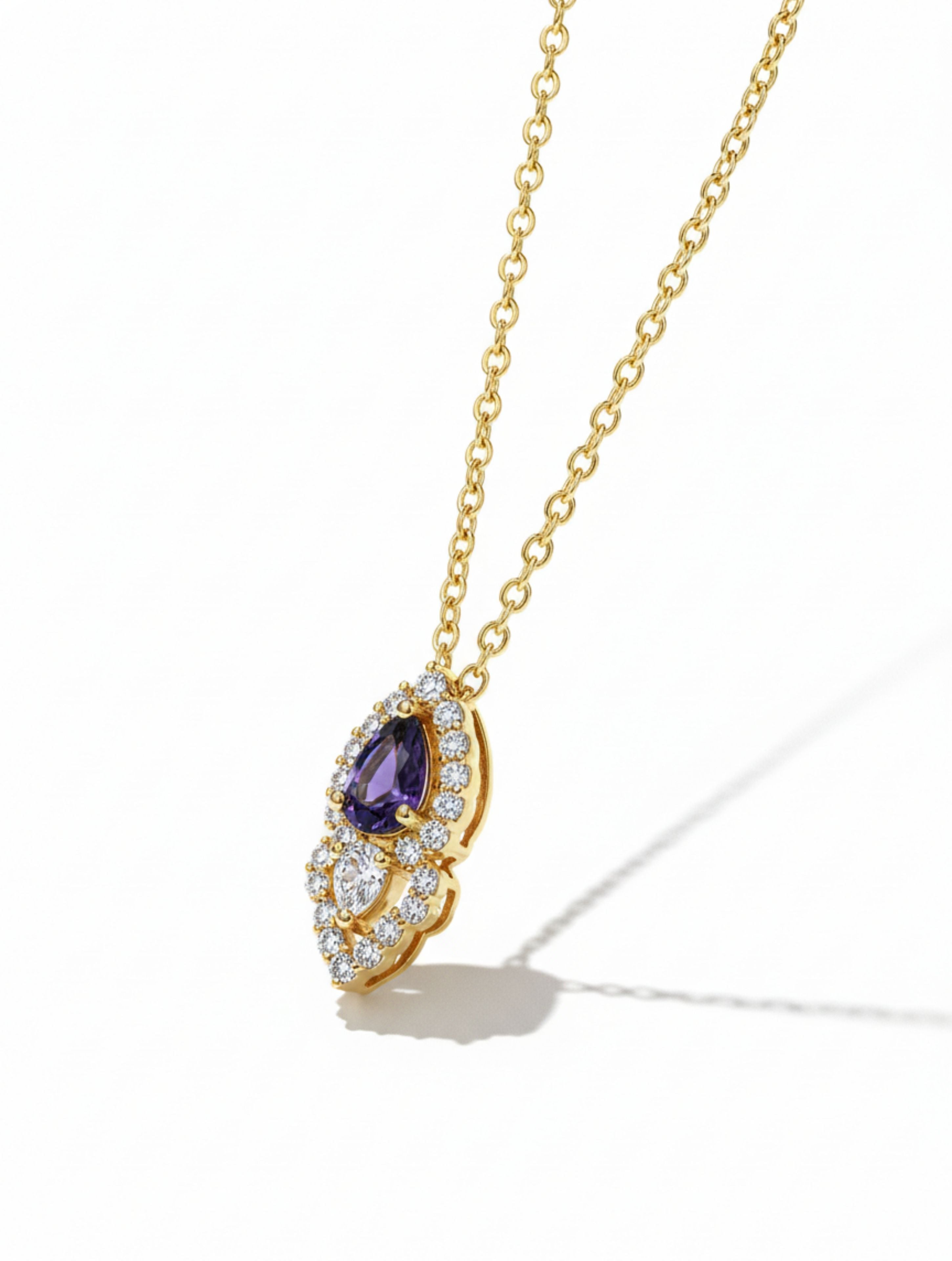 Iolite and Moissanite Teardrop Pendant Necklace in 925 Sterling Silver