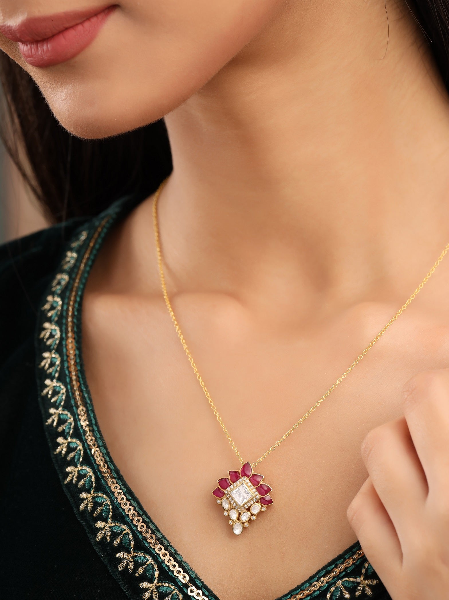 Elegant Mughal Majesty Gold Bridal 925 Sterling Silver Pendant For Women