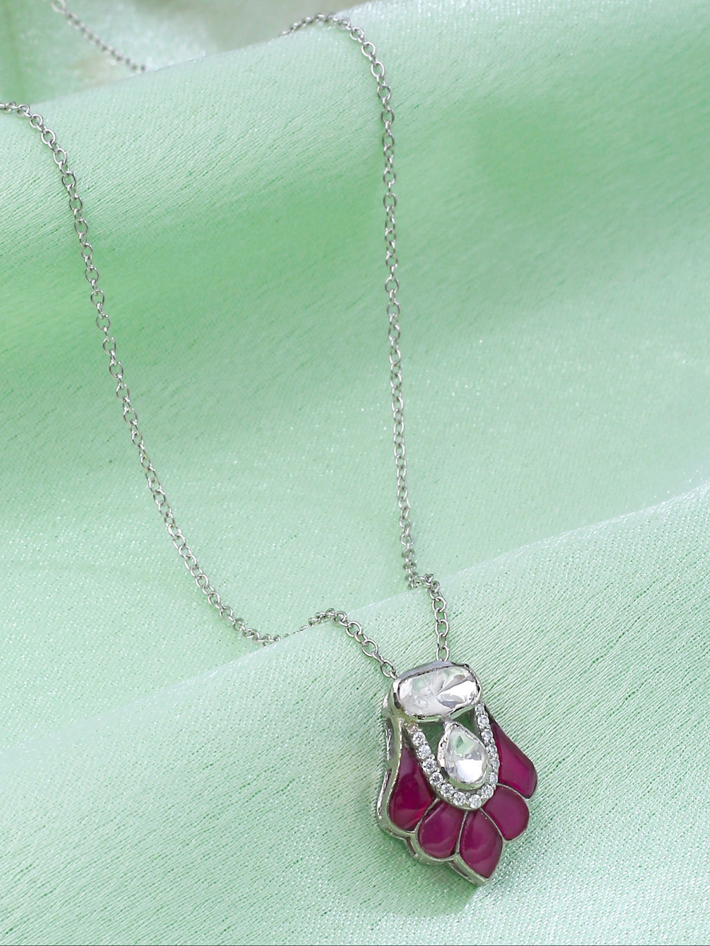 Moissanite Polki & Red Talph Pendant Necklace in 925 Sterling Silver