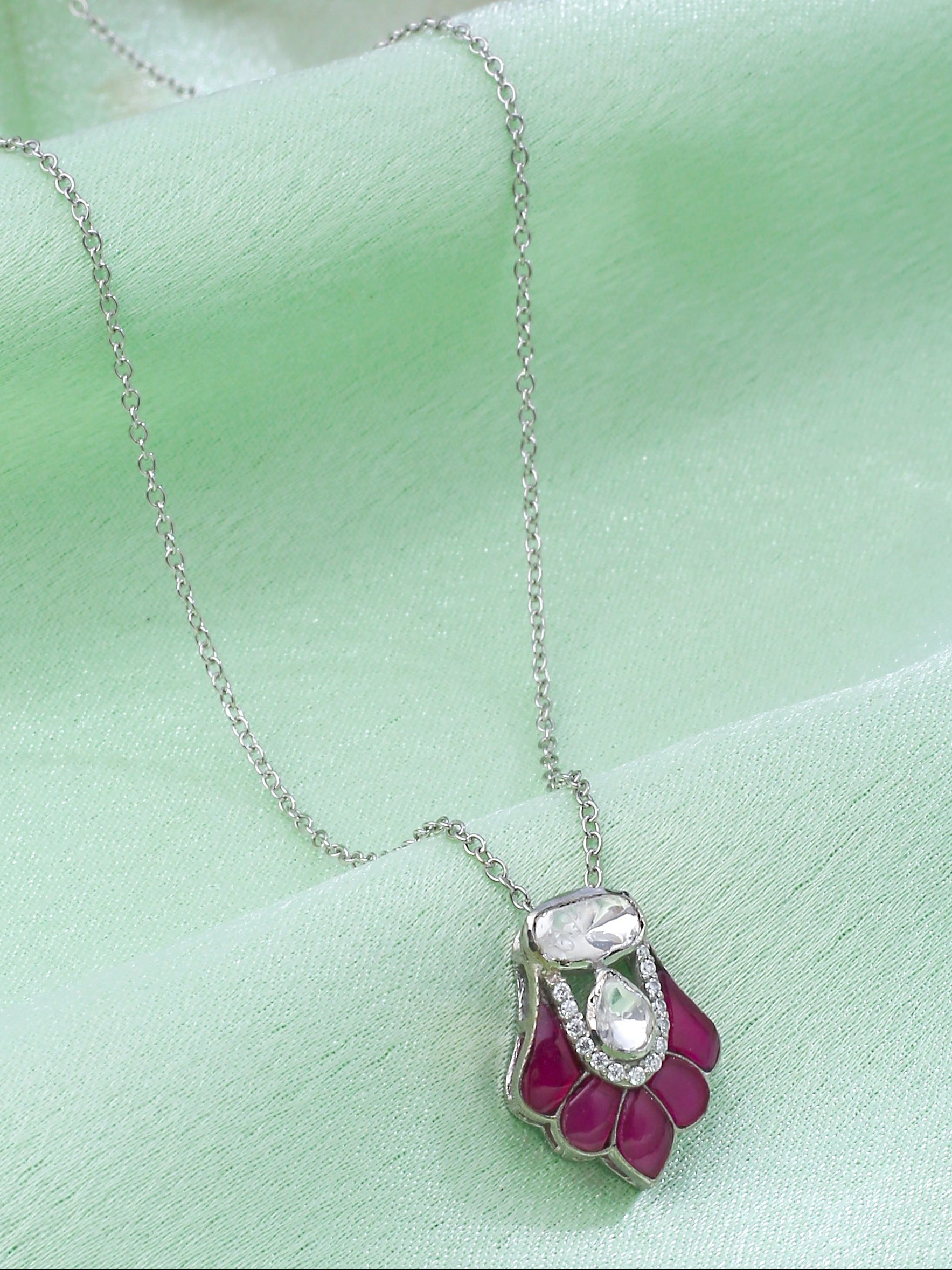 Moissanite Polki & Red Talph Pendant Necklace in 925 Sterling Silver