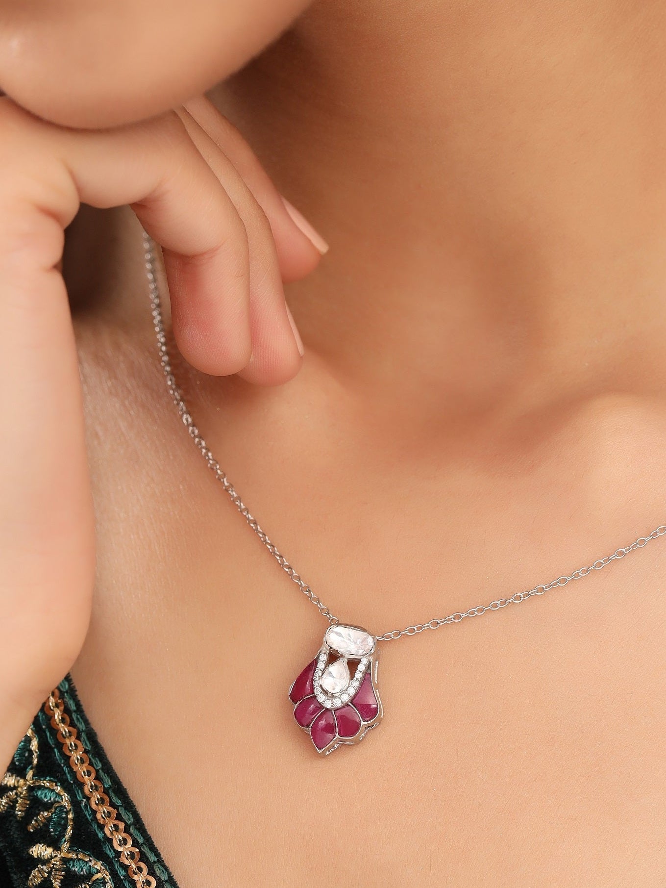 Moissanite Polki & Red Talph Pendant Necklace in 925 Sterling Silver