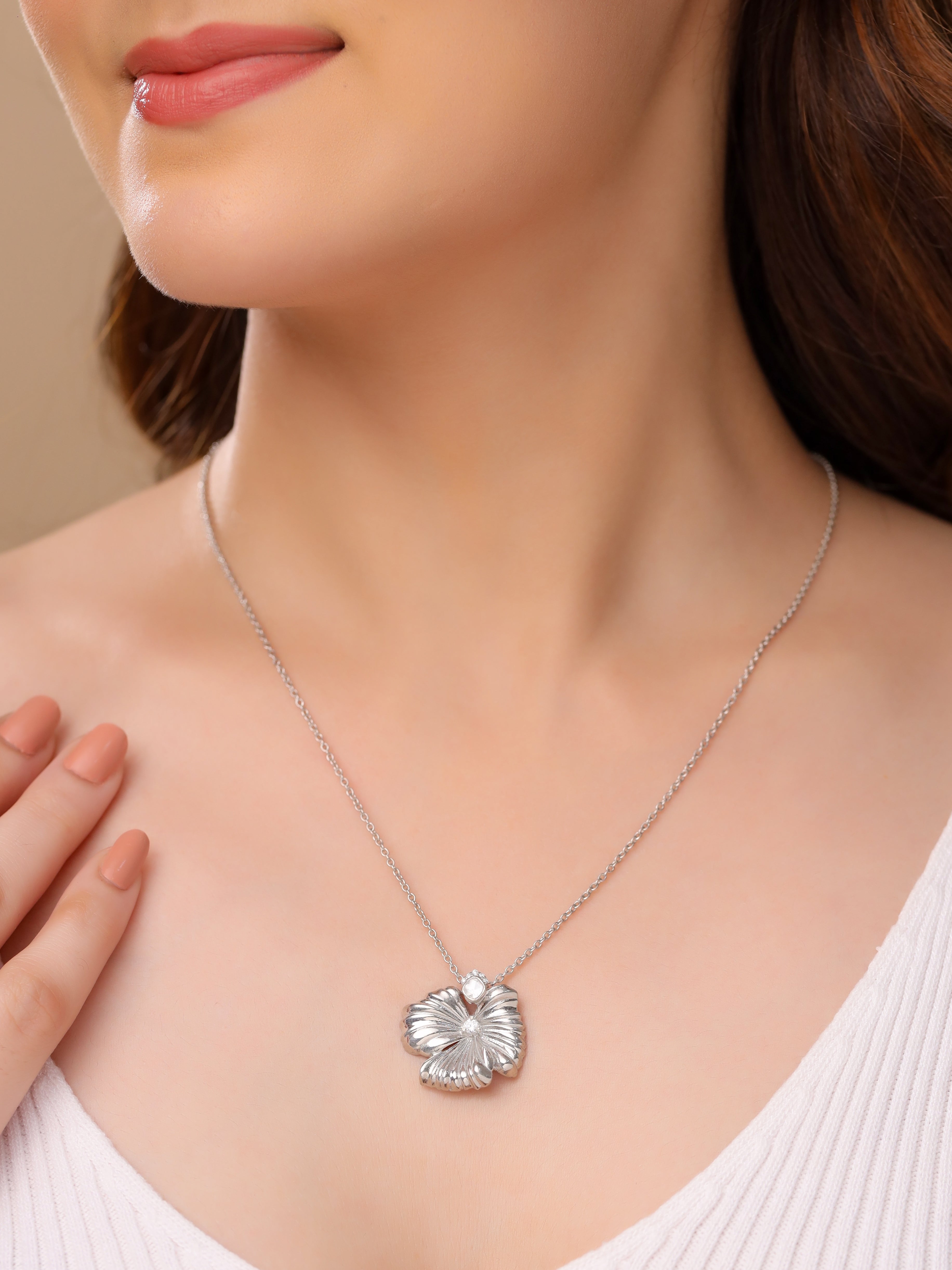 Rhodium Floral Polki 925 Sterling Silver Pendant For Women