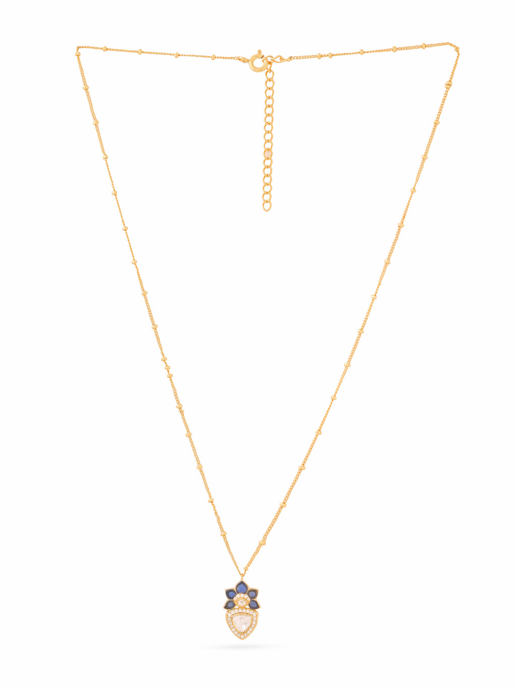 925 Sterling Silver Moissanite Pendant - Blue Floral Polki Necklace
