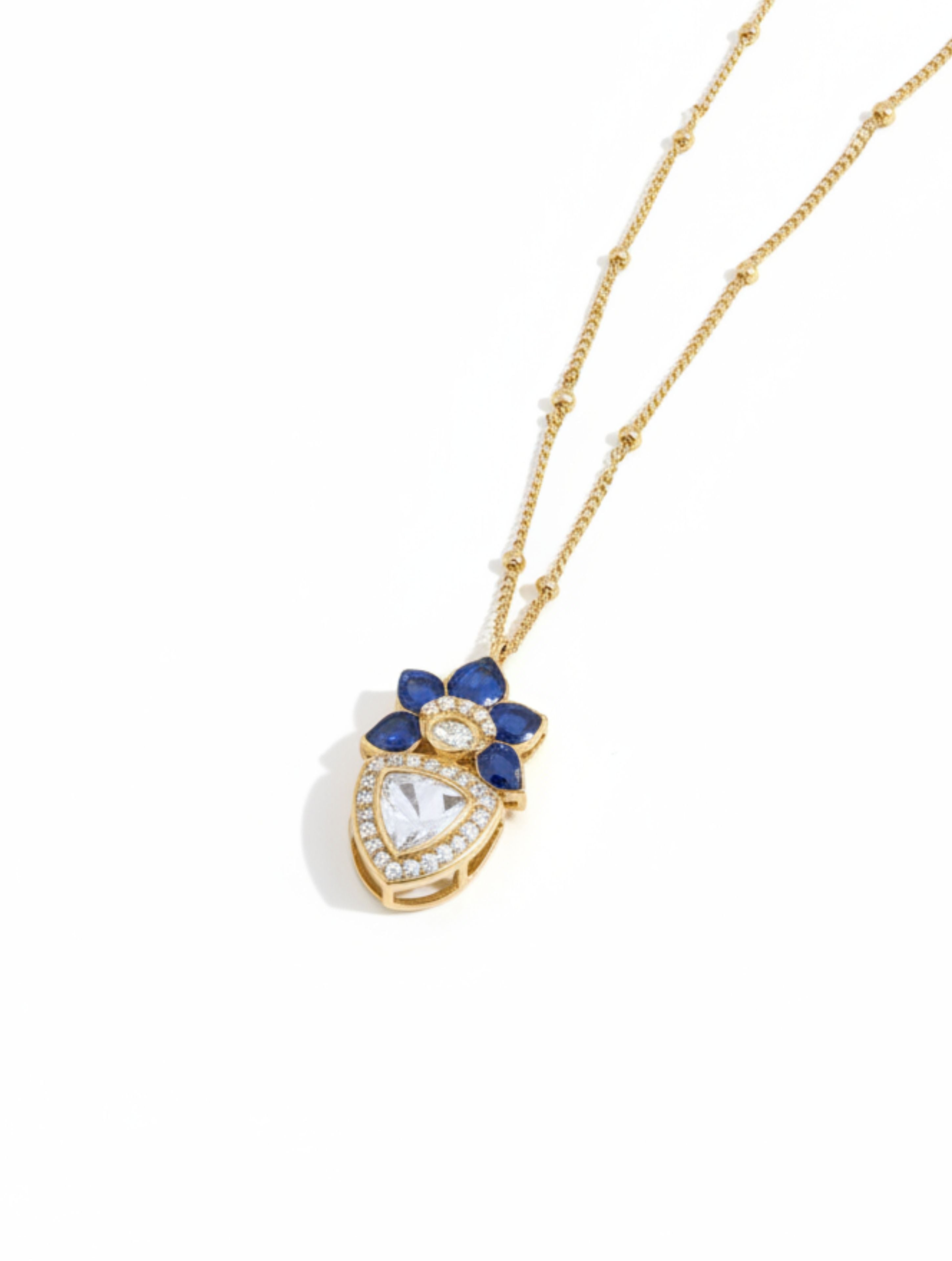 925 Sterling Silver Moissanite Pendant - Blue Floral Polki Necklace