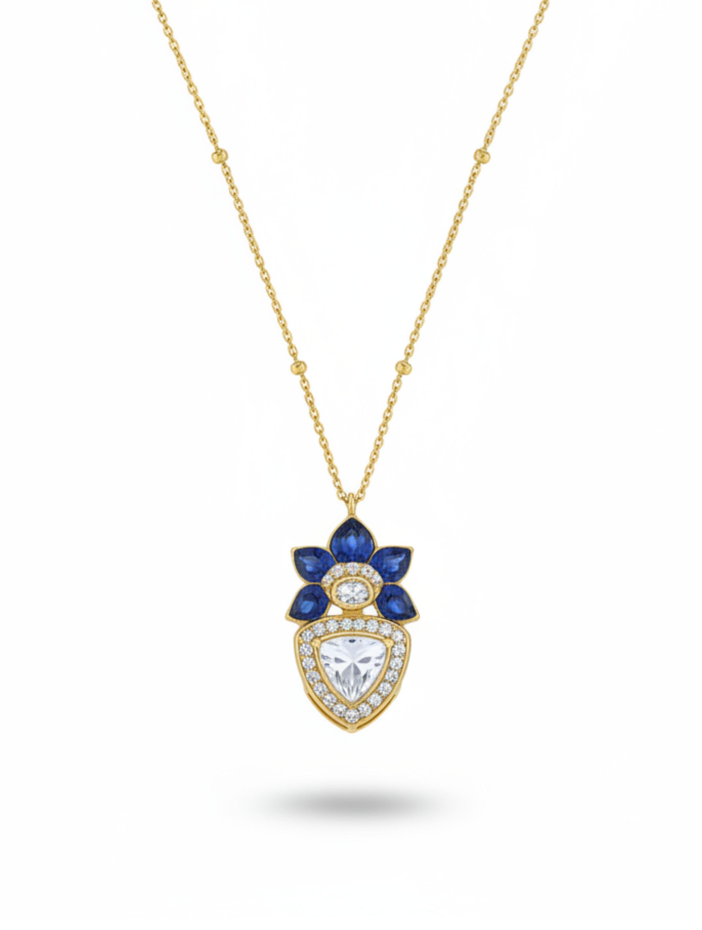 925 Sterling Silver Moissanite Pendant - Blue Floral Polki Necklace