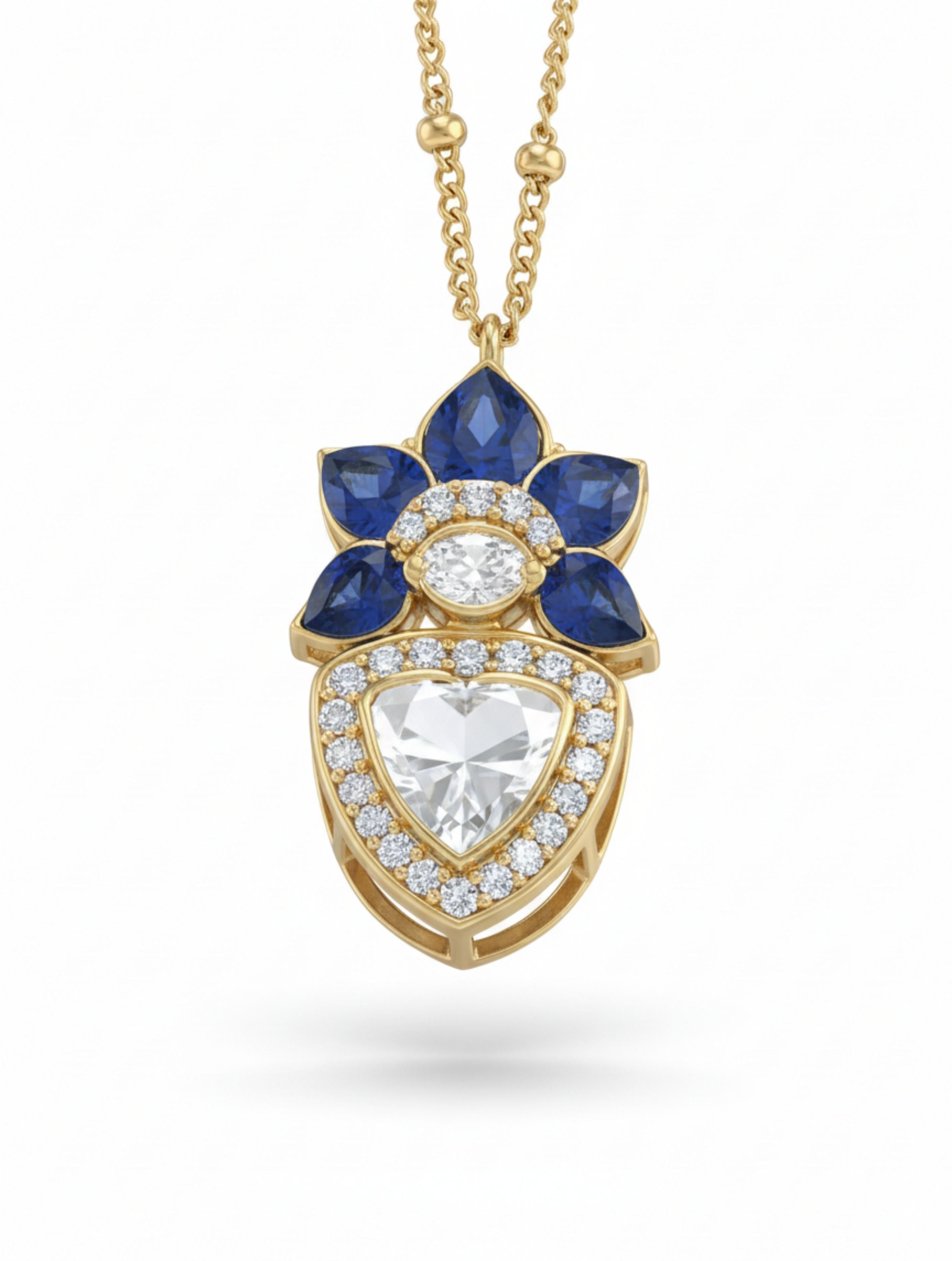 925 Sterling Silver Moissanite Pendant - Blue Floral Polki Necklace