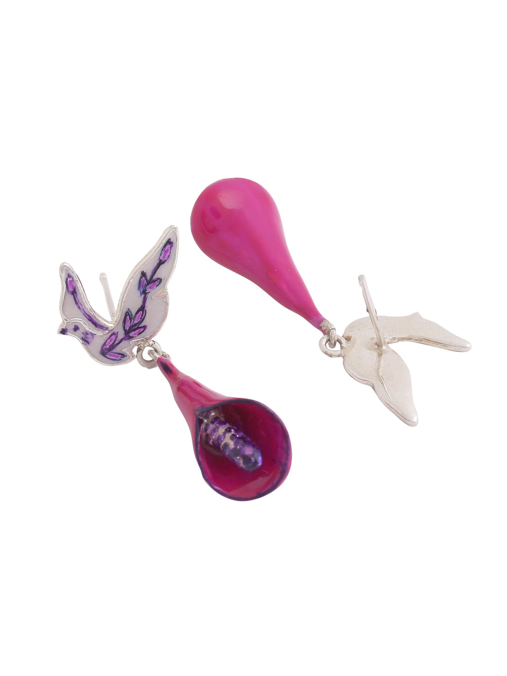 Purple Floral Feather 925 Sterling Silver Drop Earrings For Women